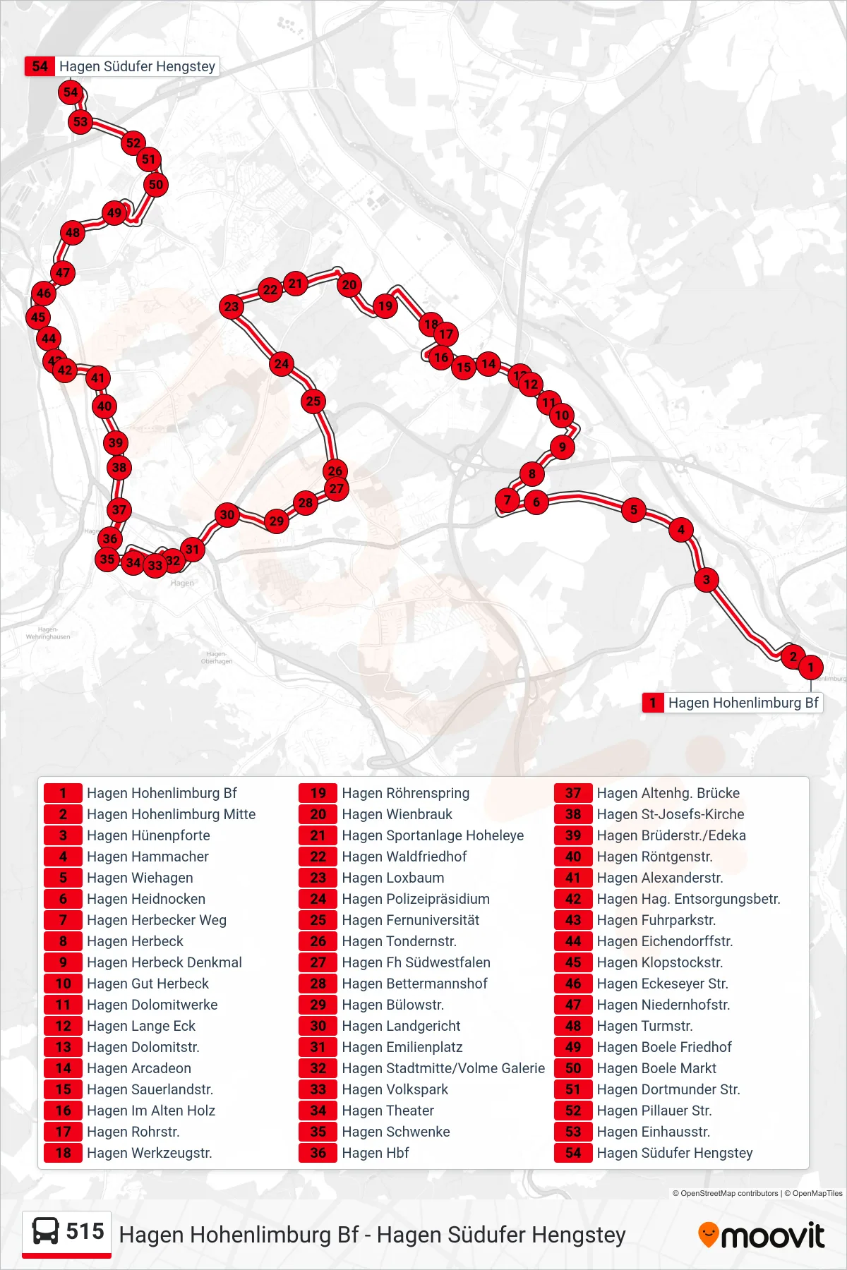 515 bus Line (Hagen Südufer Hengstey) route and stops on a map