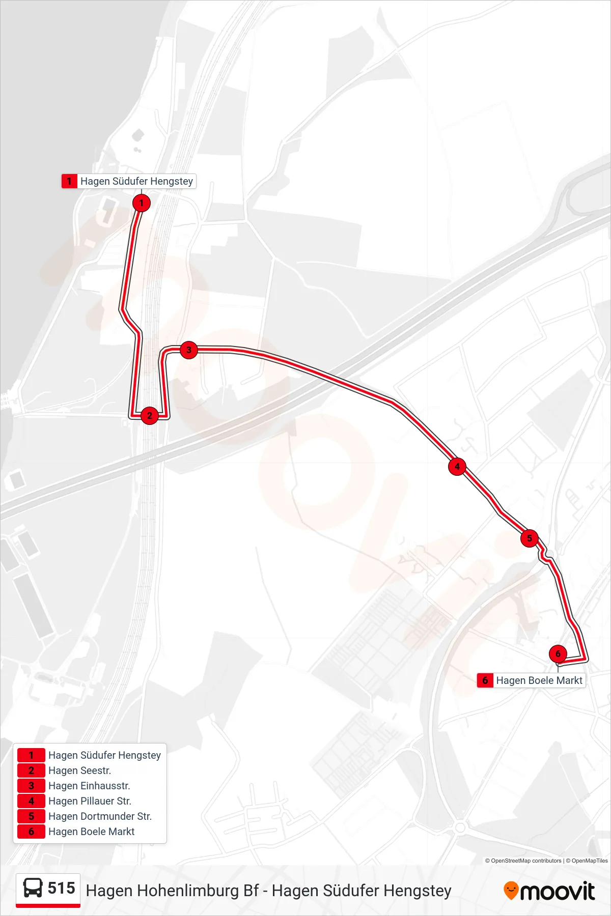 515 bus Line (Hagen Boele Markt) route and stops on a map