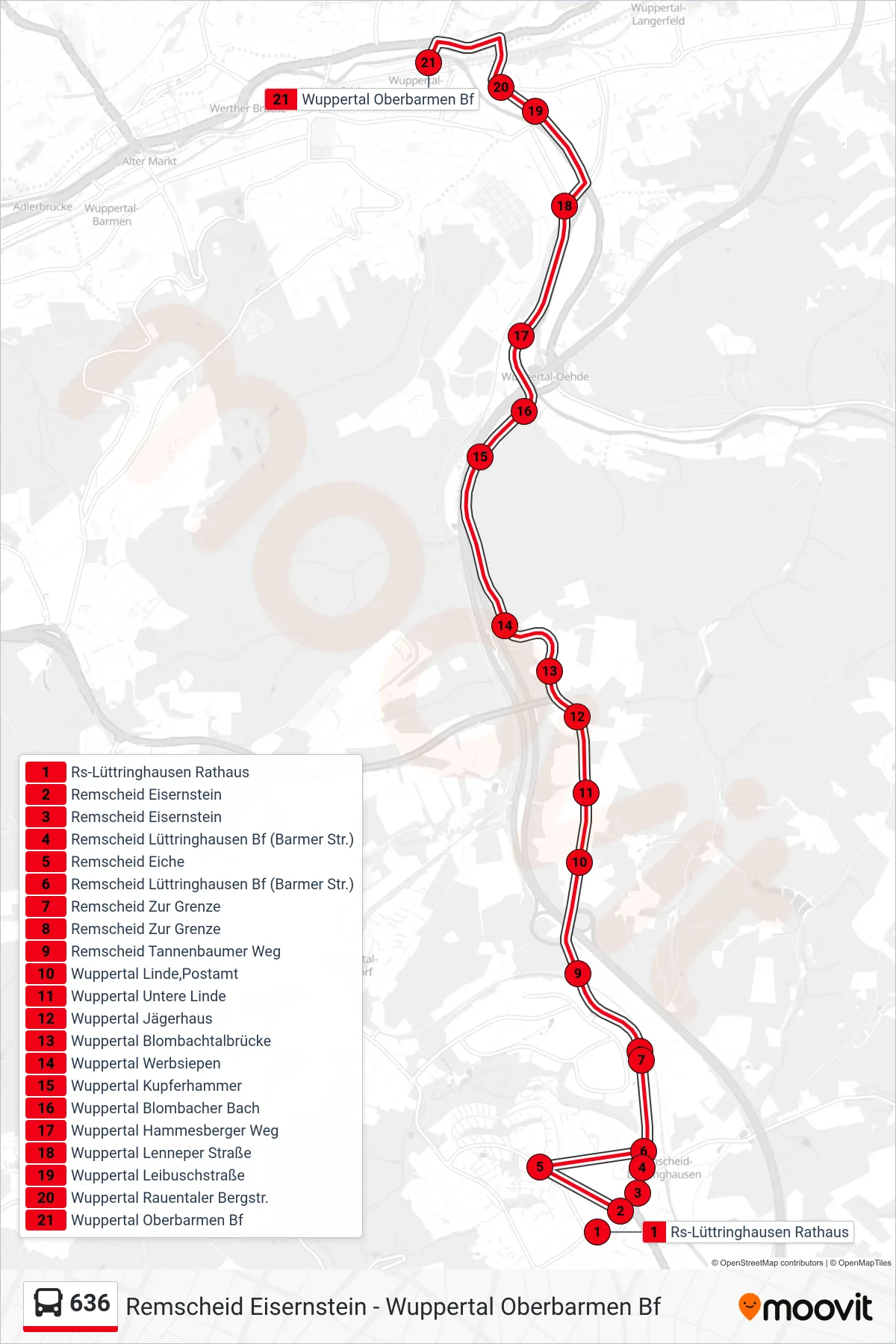 Linie 636 (Bus) Richtung Wuppertal Oberbarmen Bf: Route und Haltestellen auf der Karte