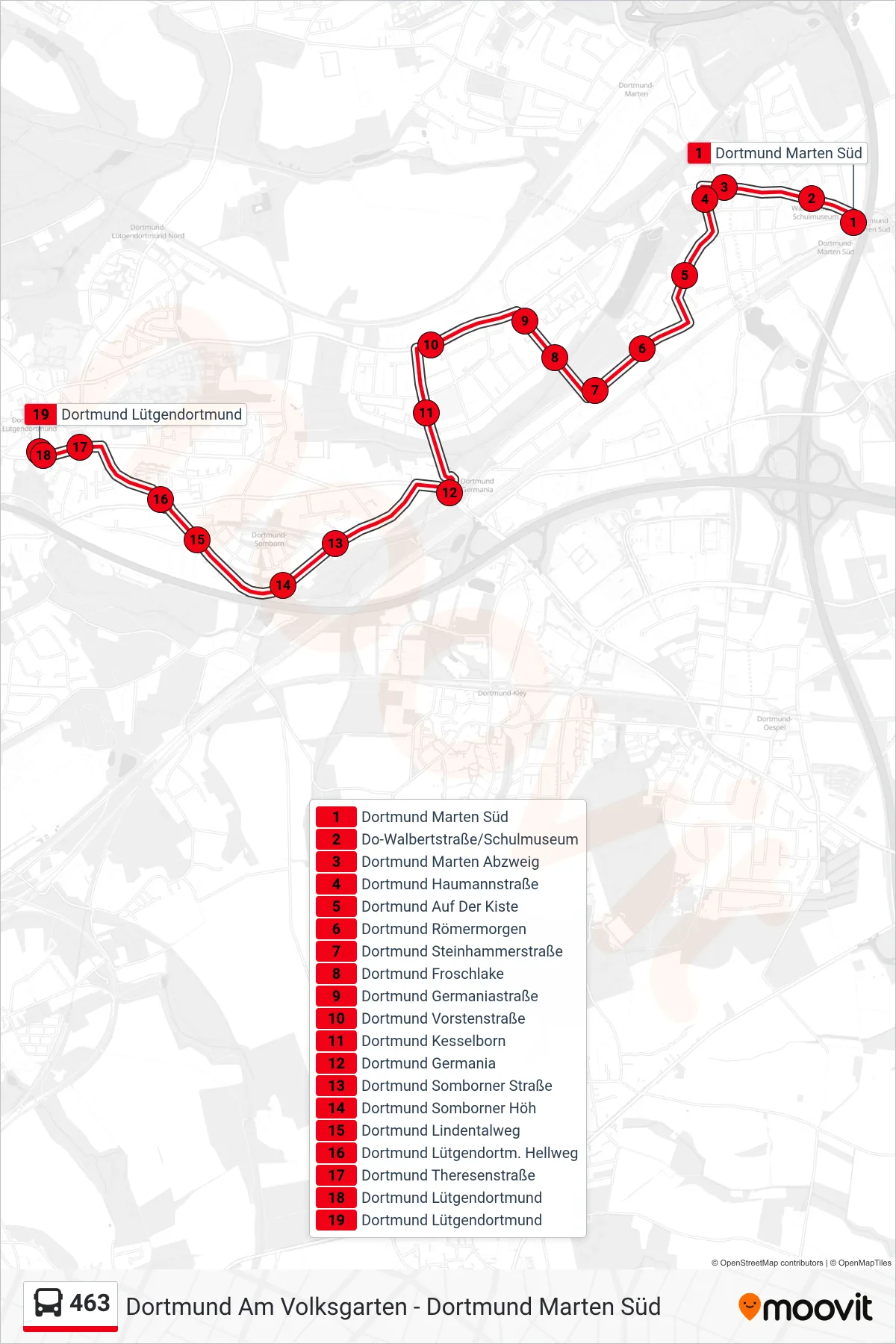 463 bus Line (Dortmund Lütgendortmund) route and stops on a map