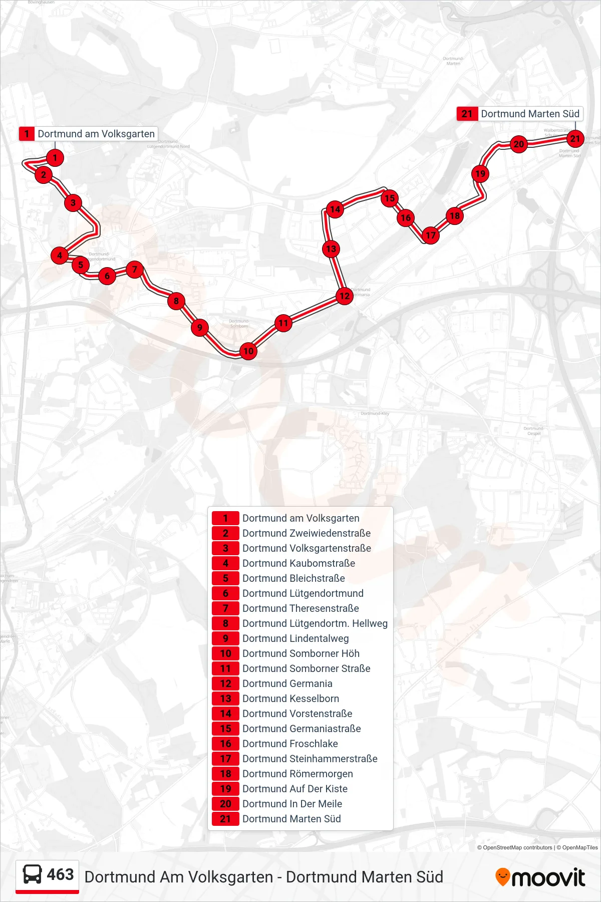 463 bus Line (Dortmund Marten Süd) route and stops on a map