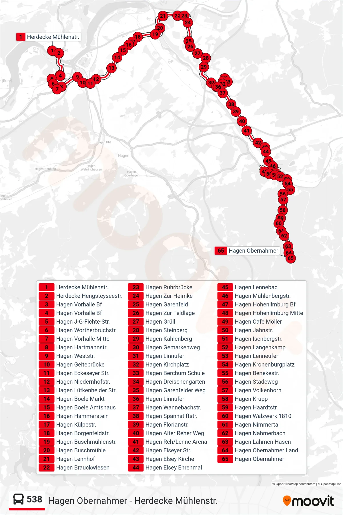 Linie 538 (Bus) Richtung Hagen Obernahmer: Route und Haltestellen auf der Karte