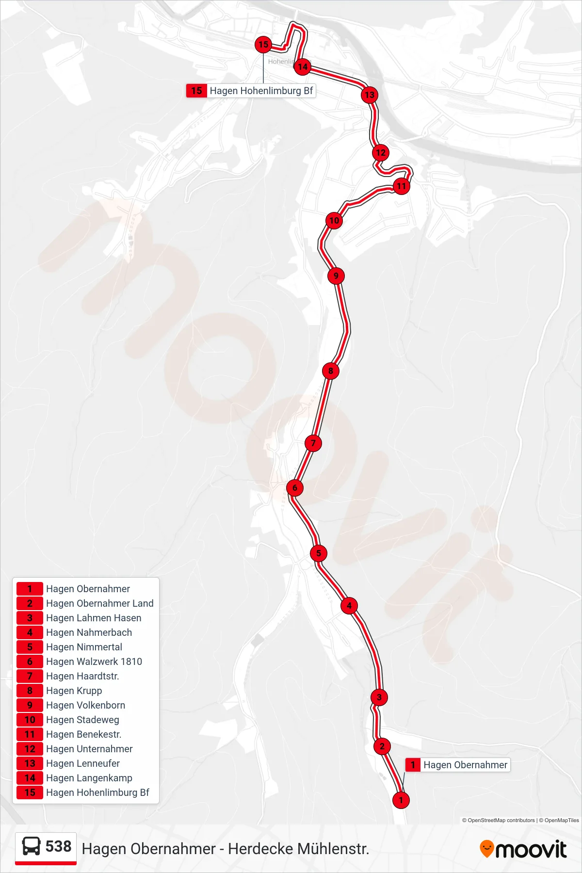538 bus Line (Hagen Hohenlimburg Bf) route and stops on a map