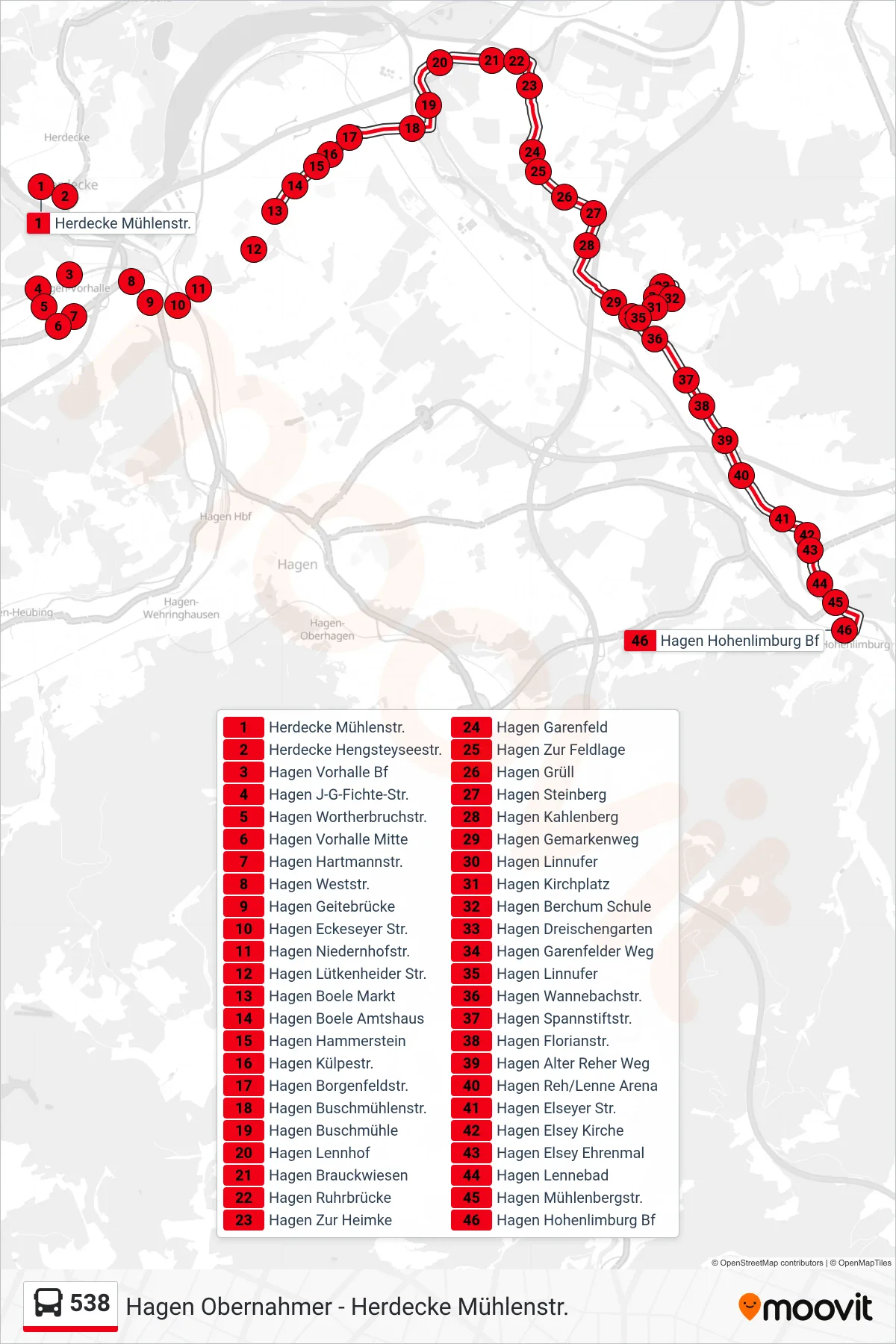 538 bus Line (Hagen Hohenlimburg Bf) route and stops on a map