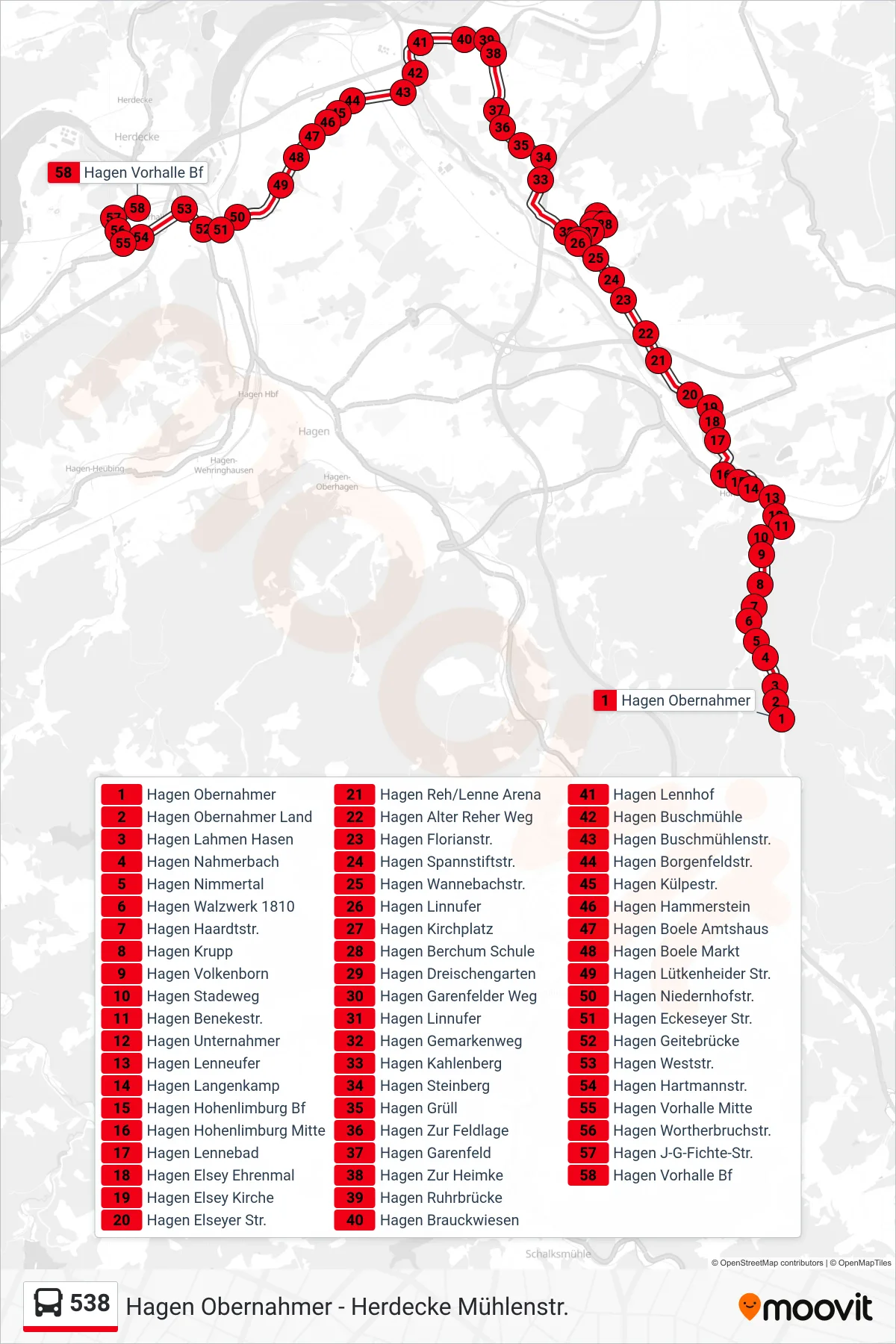 538 bus Line (Hagen Vorhalle Bf) route and stops on a map