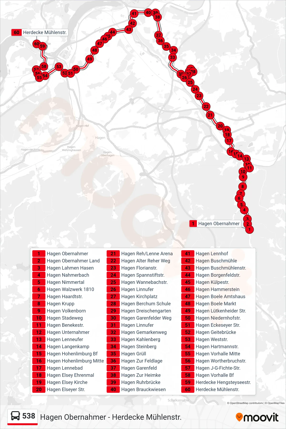 538 bus Line (Herdecke Mühlenstr.) route and stops on a map