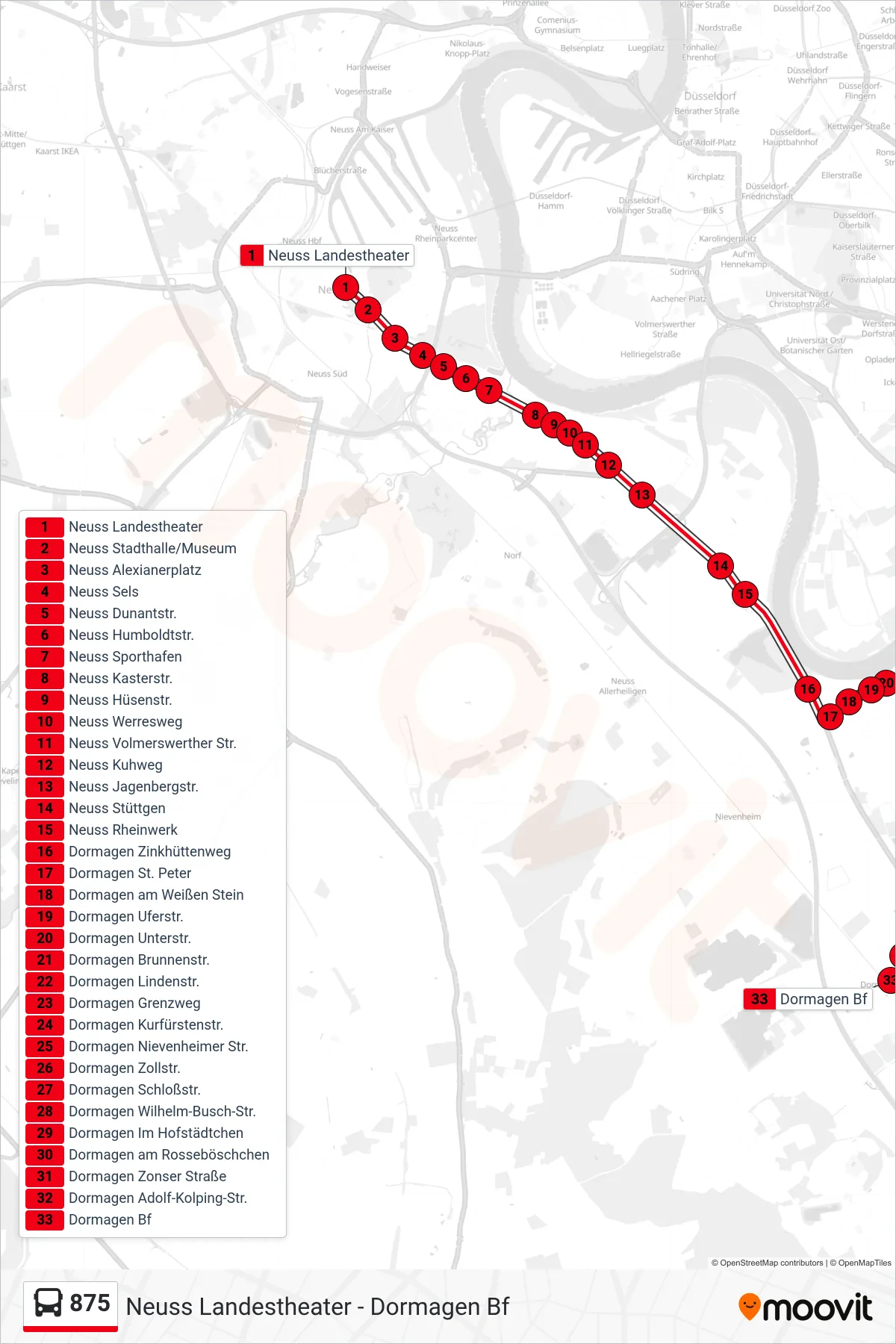 875 bus Line (Dormagen Bf) route and stops on a map