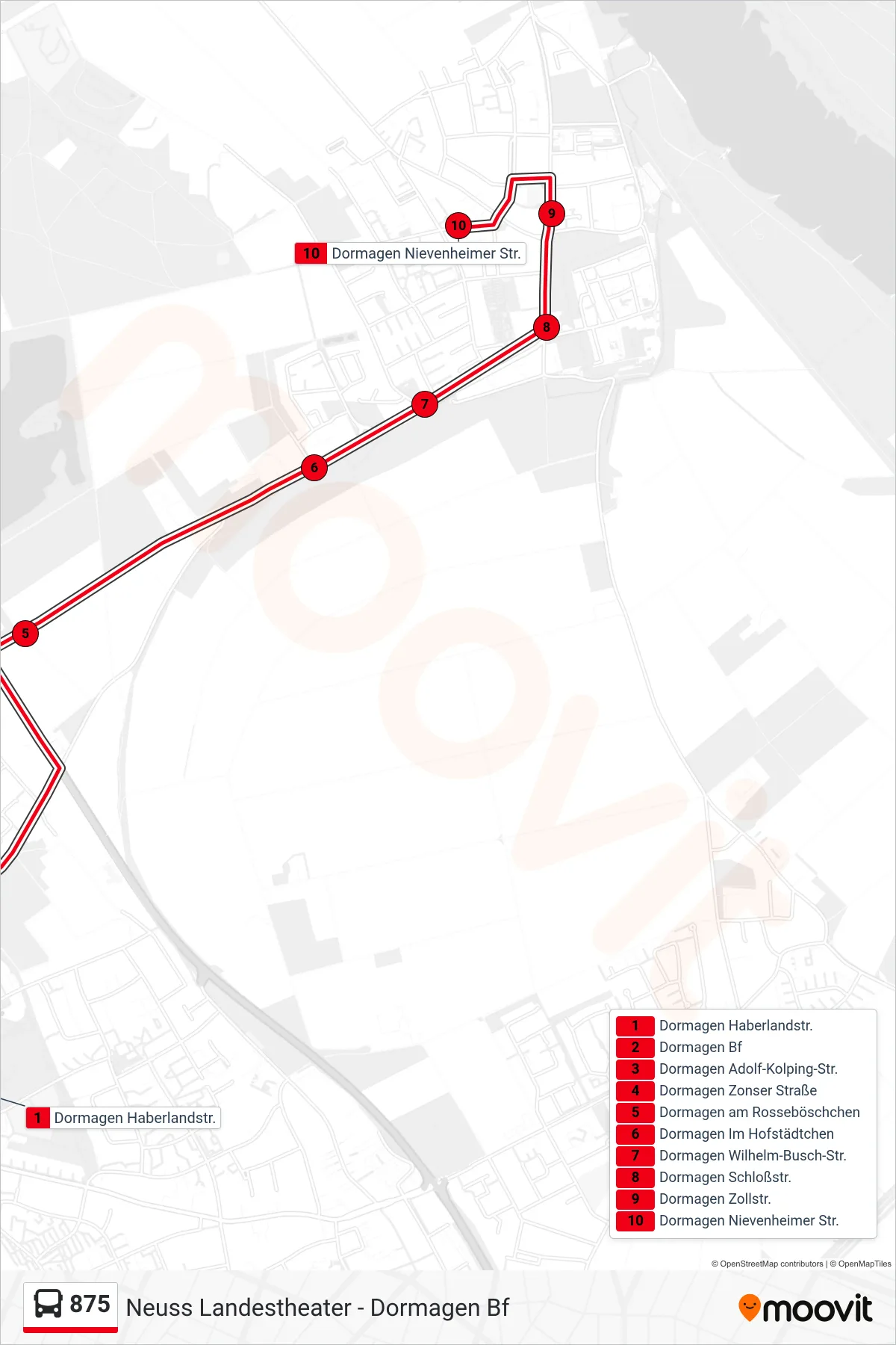 Linie 875 (Bus) Richtung Dormagen Nievenheimer Str.: Route und Haltestellen auf der Karte