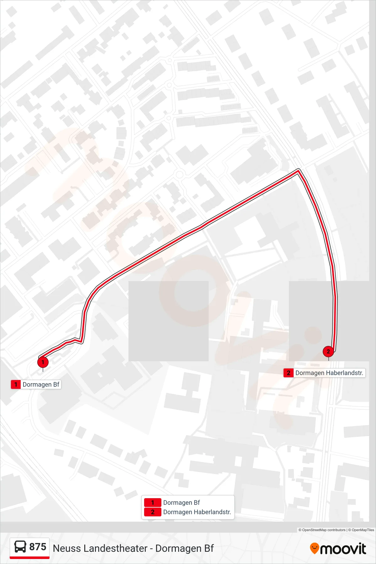 875 bus Line (Dormagen Haberlandstr.) route and stops on a map