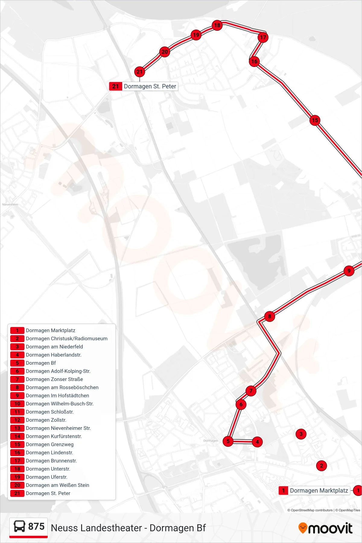 875 bus Line (Dormagen St. Peter) route and stops on a map