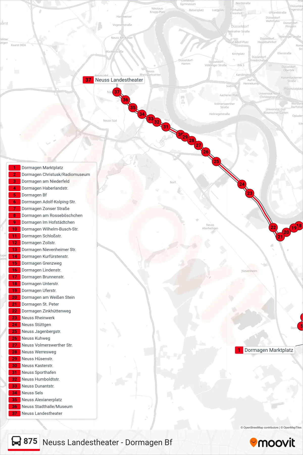 875 bus Line (Neuss Landestheater) route and stops on a map