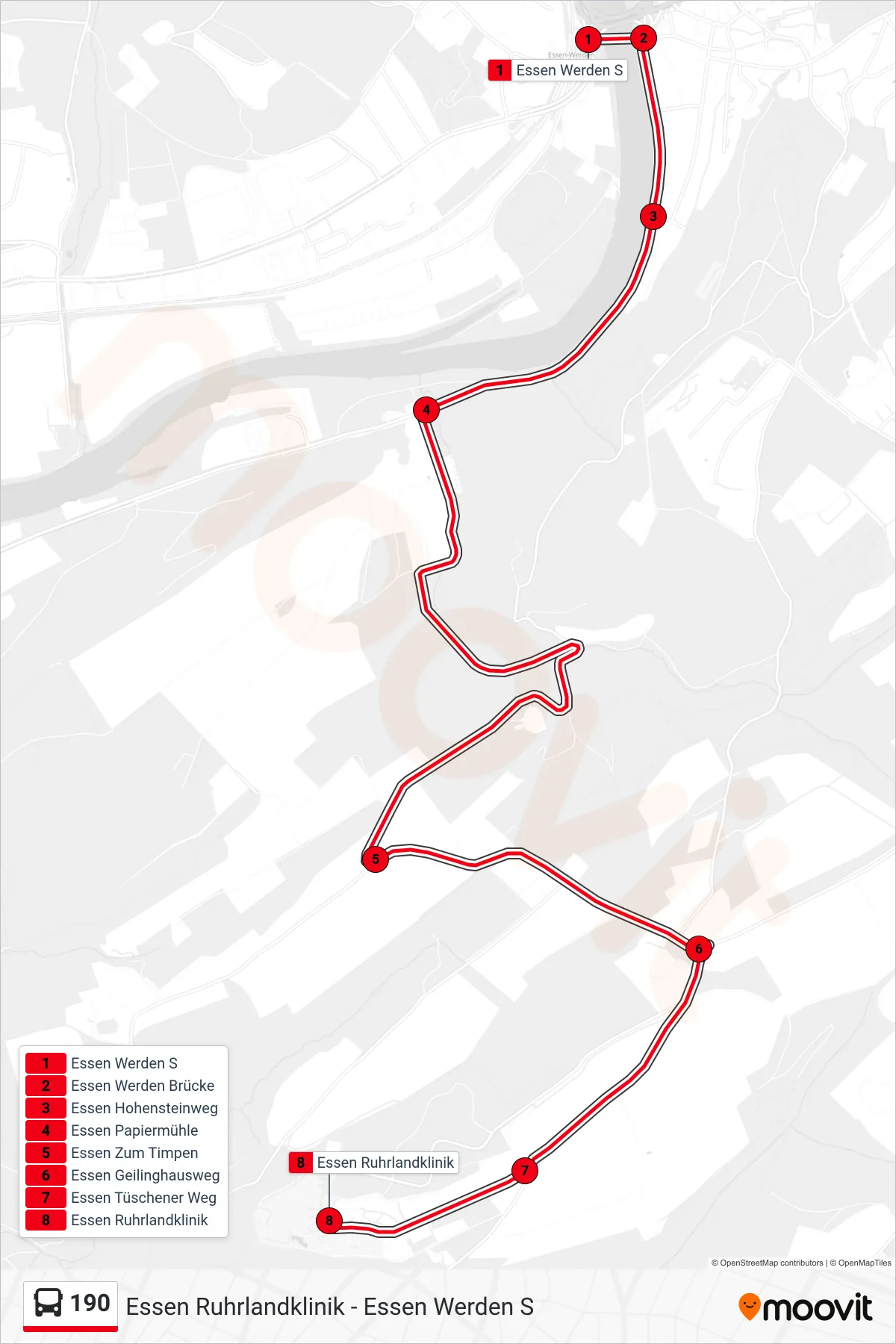 190 bus Line (Essen Ruhrlandklinik) route and stops on a map