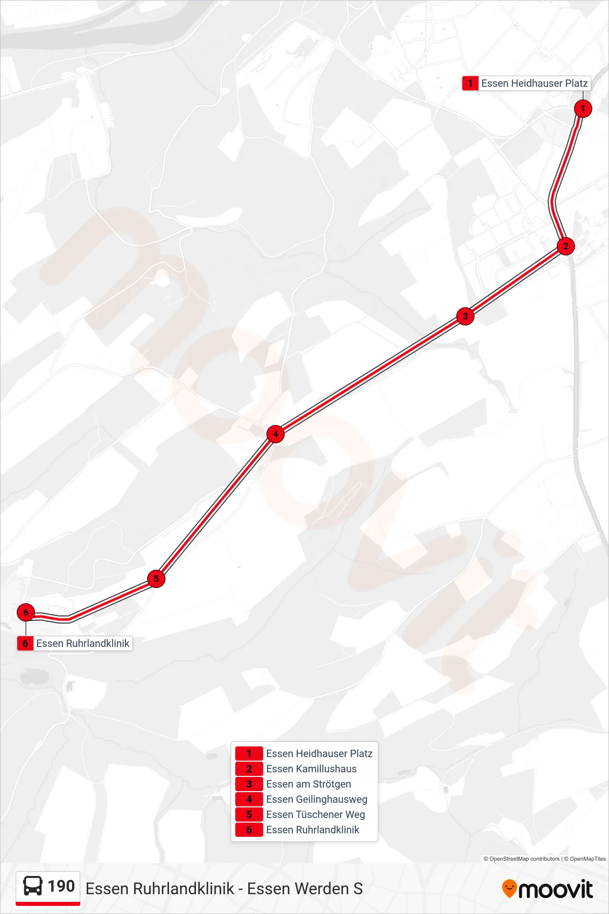 Linie 190 (Bus) Richtung Essen Ruhrlandklinik: Route und Haltestellen auf der Karte