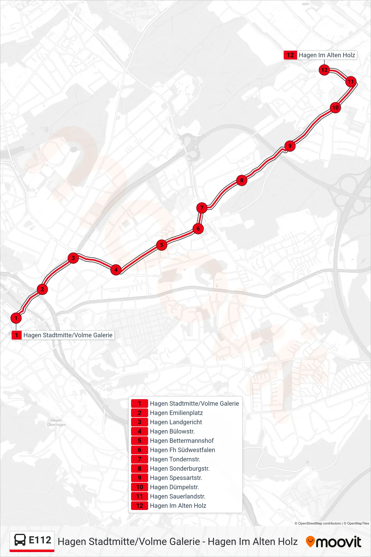 Linie E112 (Bus) Richtung Hagen Im Alten Holz: Route und Haltestellen auf der Karte