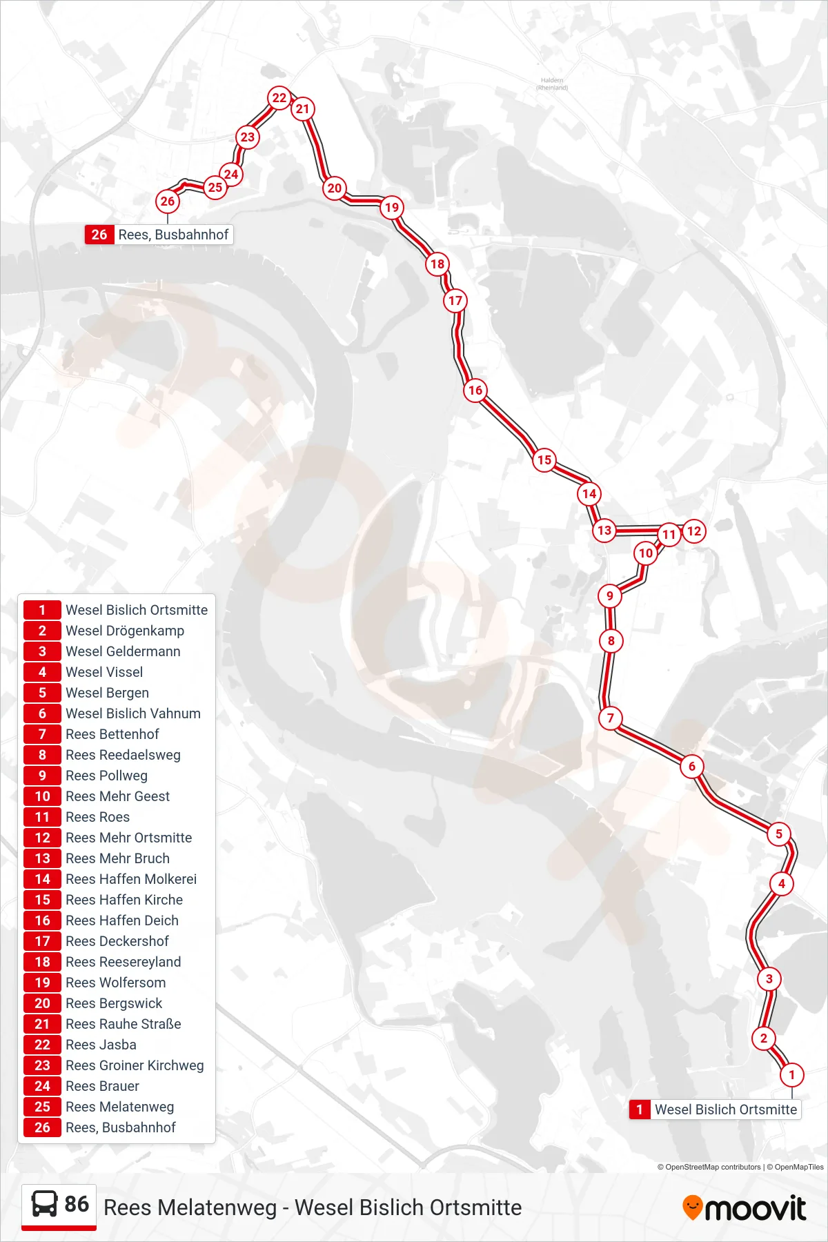 Linie 86 (Bus) Richtung Rees Busbahnhof: Route und Haltestellen auf der Karte