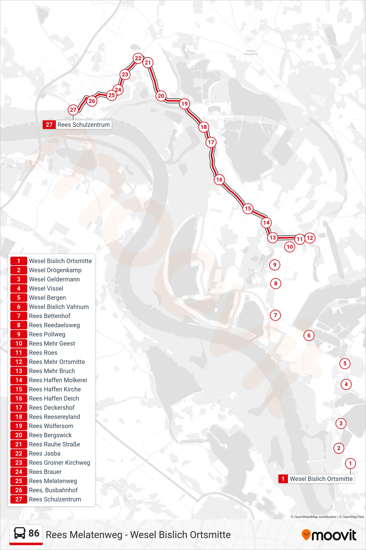 Linie 86 (Bus) Richtung Rees Schulzentrum: Route und Haltestellen auf der Karte