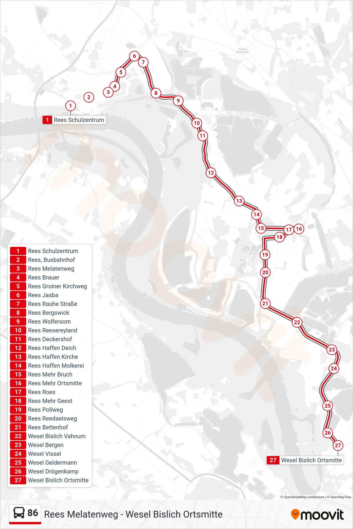 Linie 86 (Bus) Richtung Wesel Bislich Ortsmitte: Route und Haltestellen auf der Karte