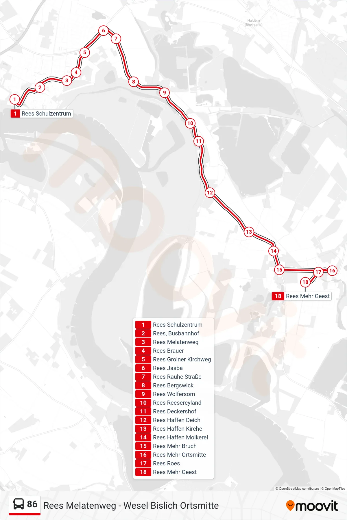 Linie 86 (Bus) Richtung Rees Mehr Geest: Route und Haltestellen auf der Karte