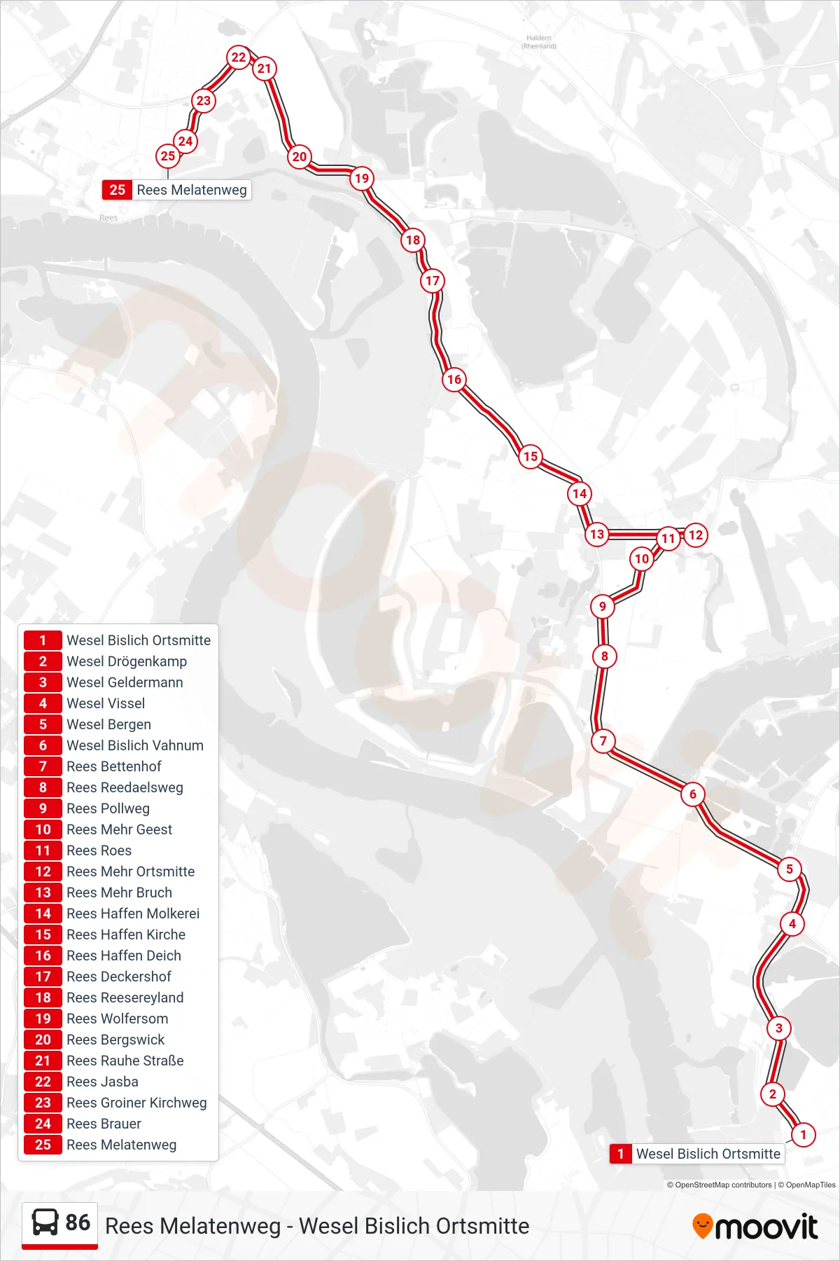 Linie 86 (Bus) Richtung Rees Melatenweg: Route und Haltestellen auf der Karte