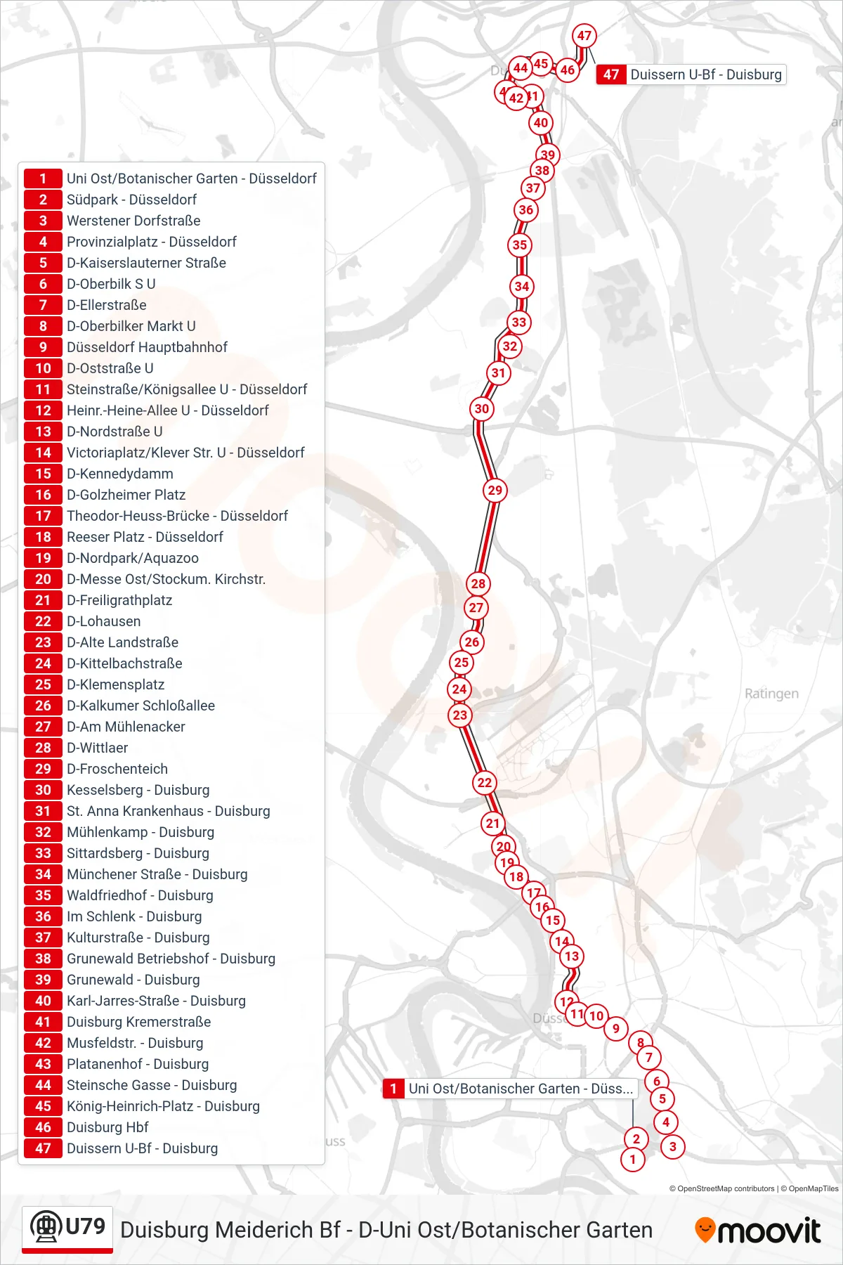 U79 subway Line (Duisburg Duissern U-Bf) route and stops on a map