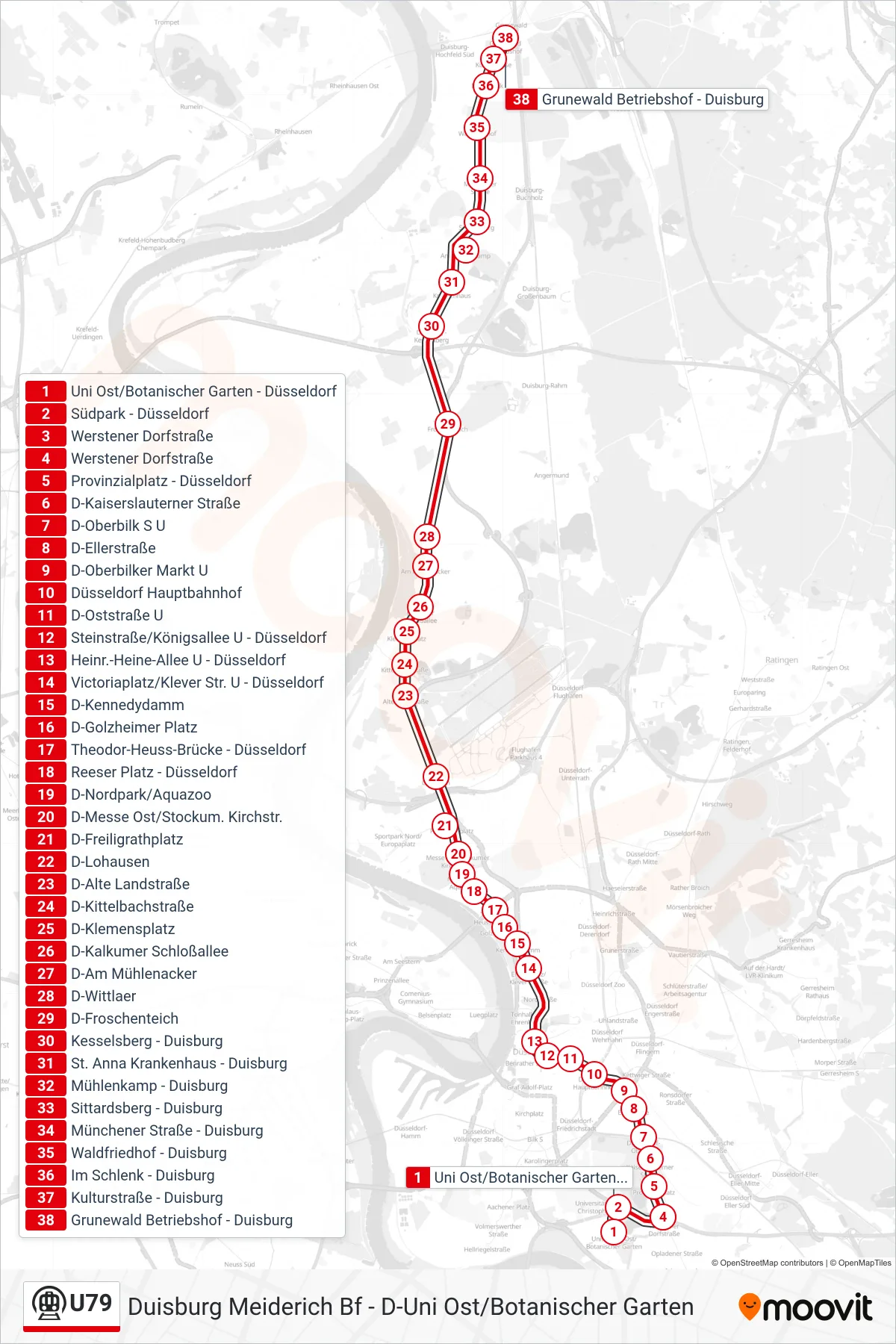 U79 subway Line (Duisburg Grunewald Betriebshof) route and stops on a map