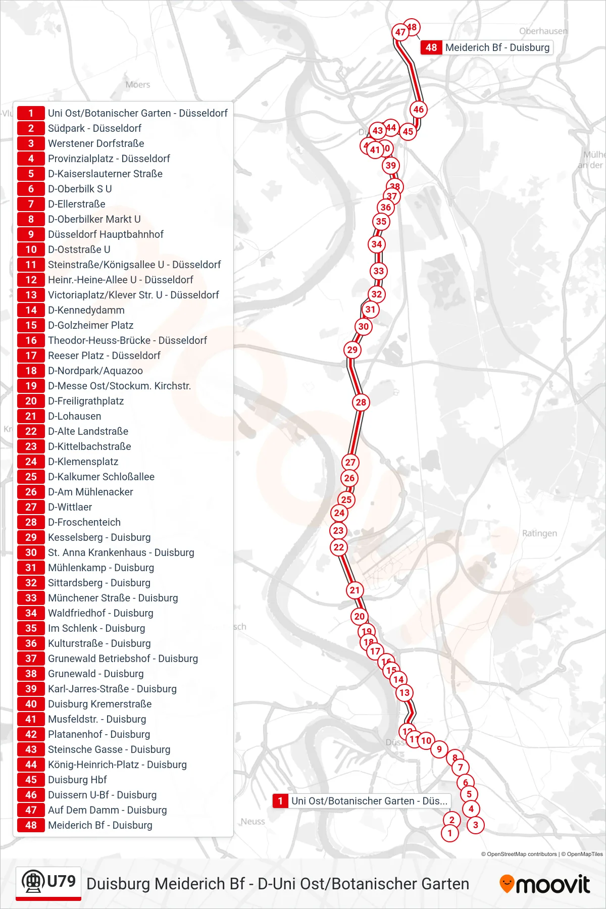 Linie U79 (U-Bahn) Richtung Duisburg Meiderich Bf: Route und Haltestellen auf der Karte