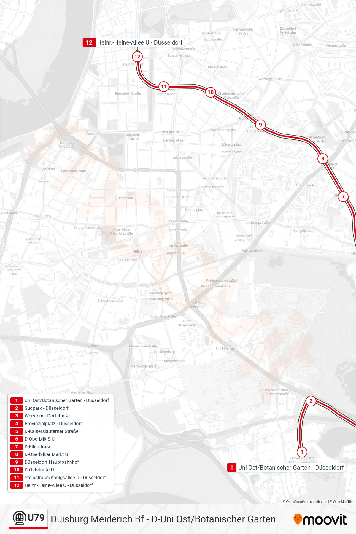 Linie U79 (U-Bahn) Richtung D-Heinrich-Heine-Allee U: Route und Haltestellen auf der Karte