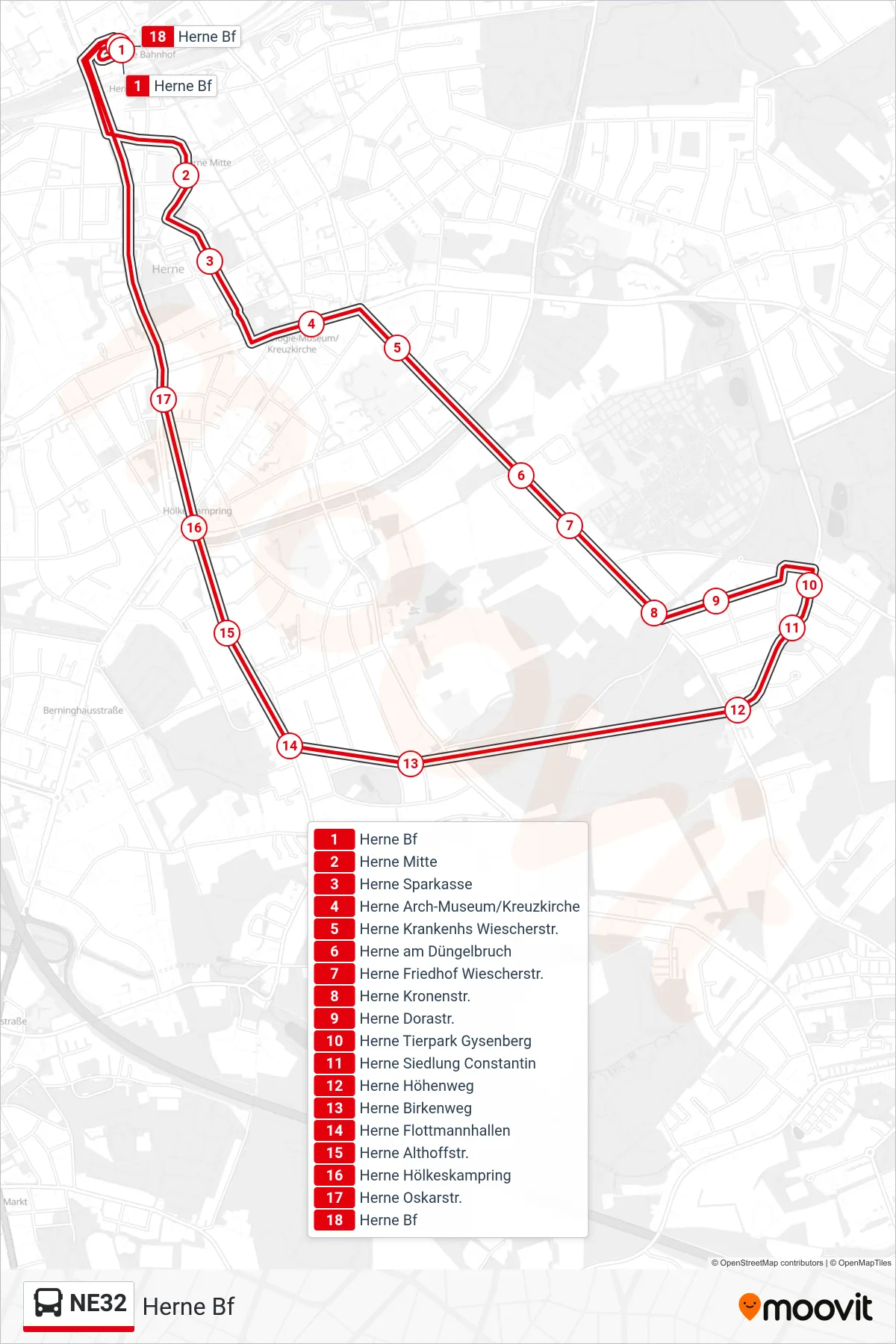 Linie NE32 (Bus) Richtung Herne Bf: Route und Haltestellen auf der Karte