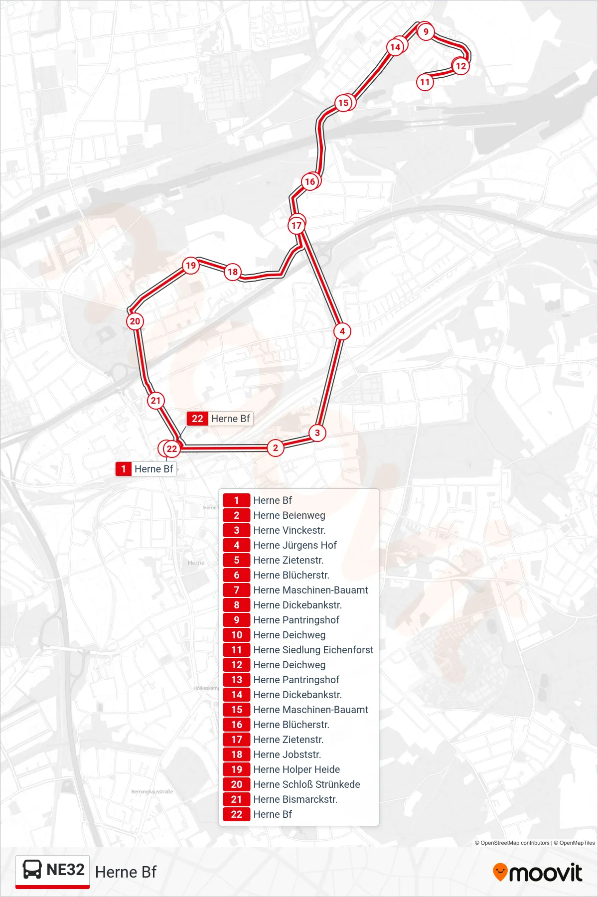 NE32 bus Line (Herne Bf) route and stops on a map