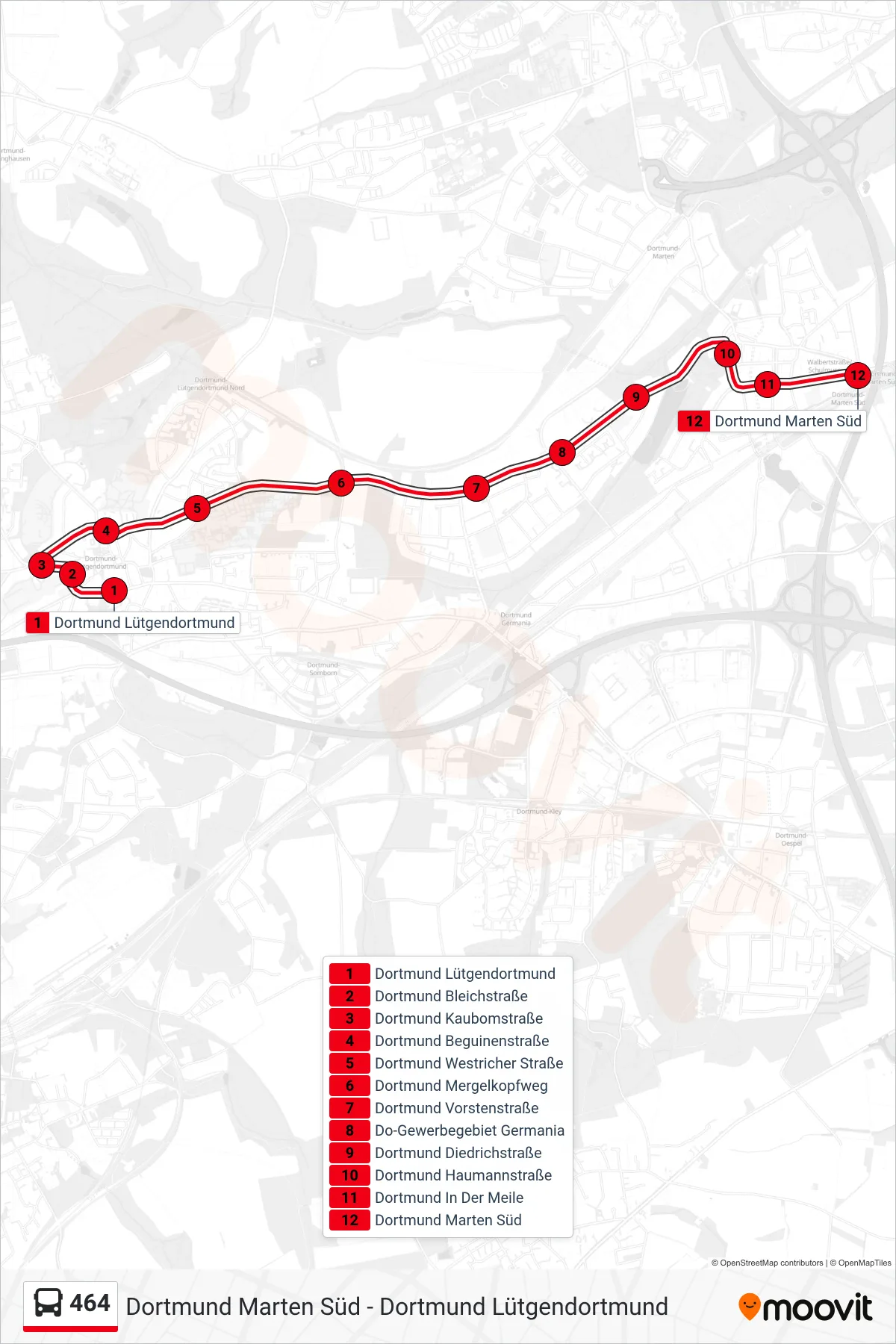 Linie 464 (Bus) Richtung Dortmund Marten Süd: Route und Haltestellen auf der Karte