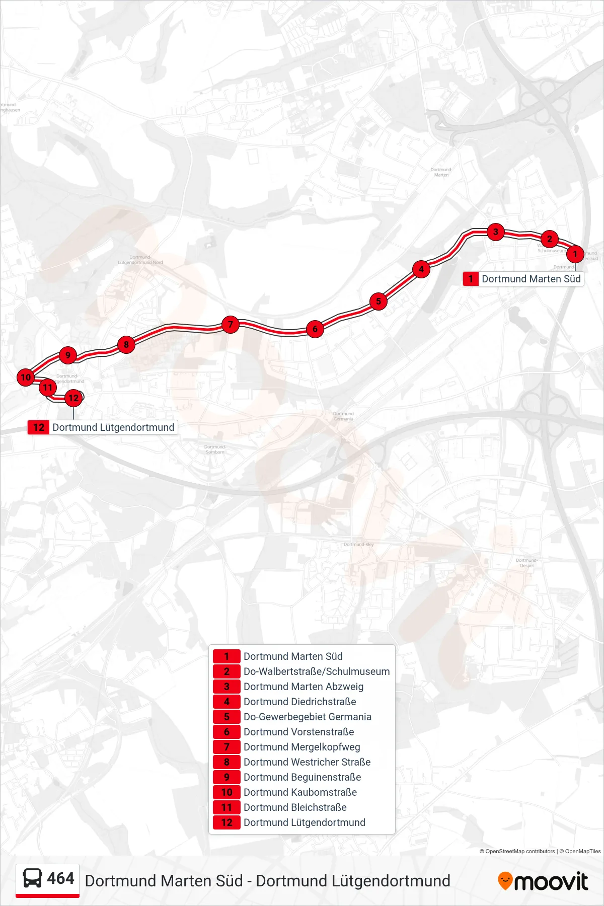 Linie 464 (Bus) Richtung Dortmund Lütgendortmund: Route und Haltestellen auf der Karte