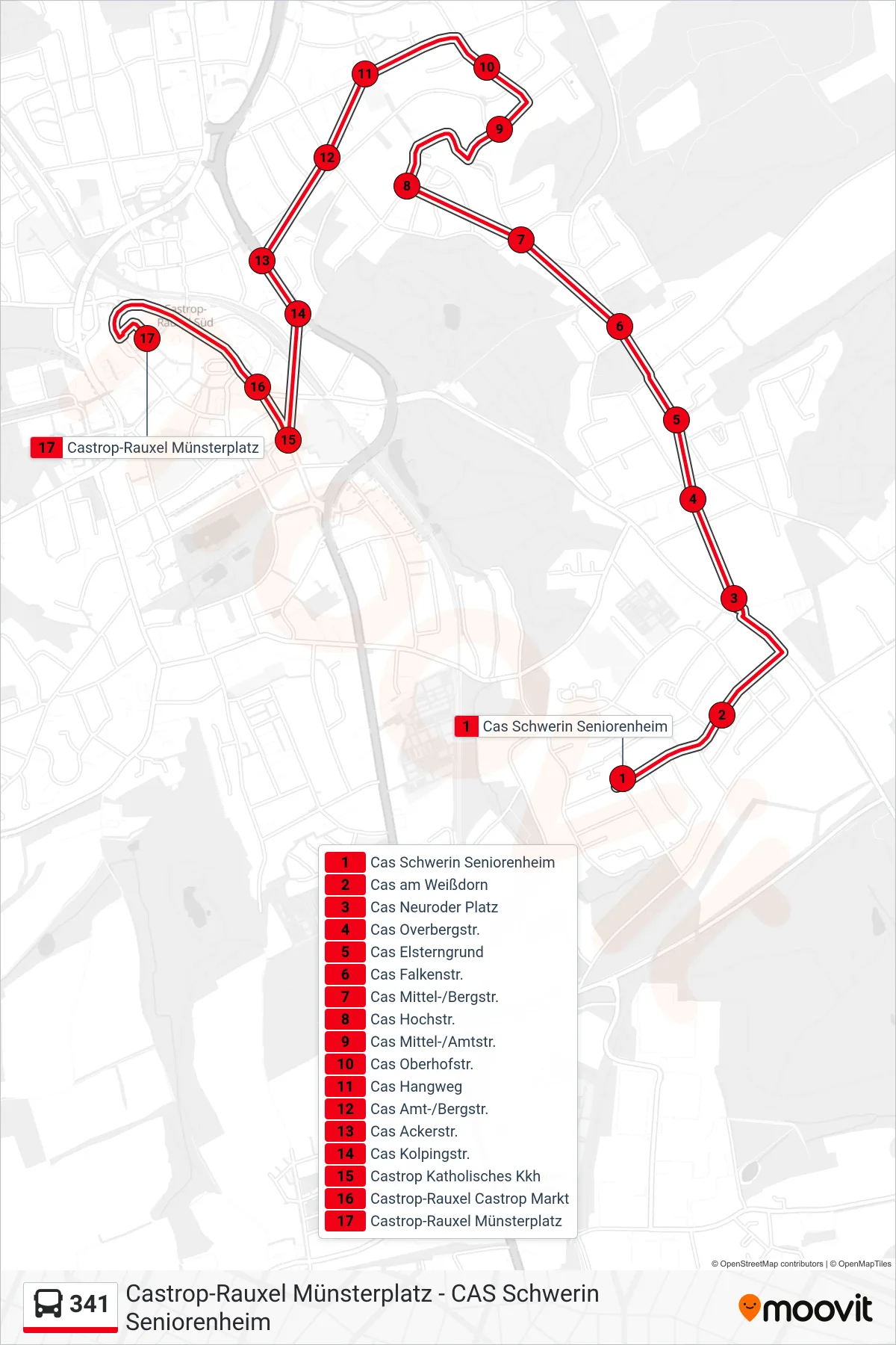 341 bus Line (Castrop-Rauxel Münsterplatz) route and stops on a map