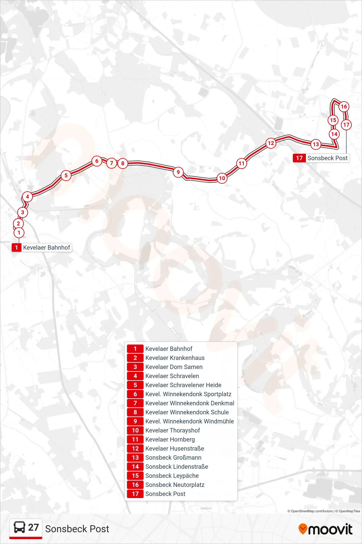Linie 27 (Bus) Richtung Sonsbeck Post: Route und Haltestellen auf der Karte