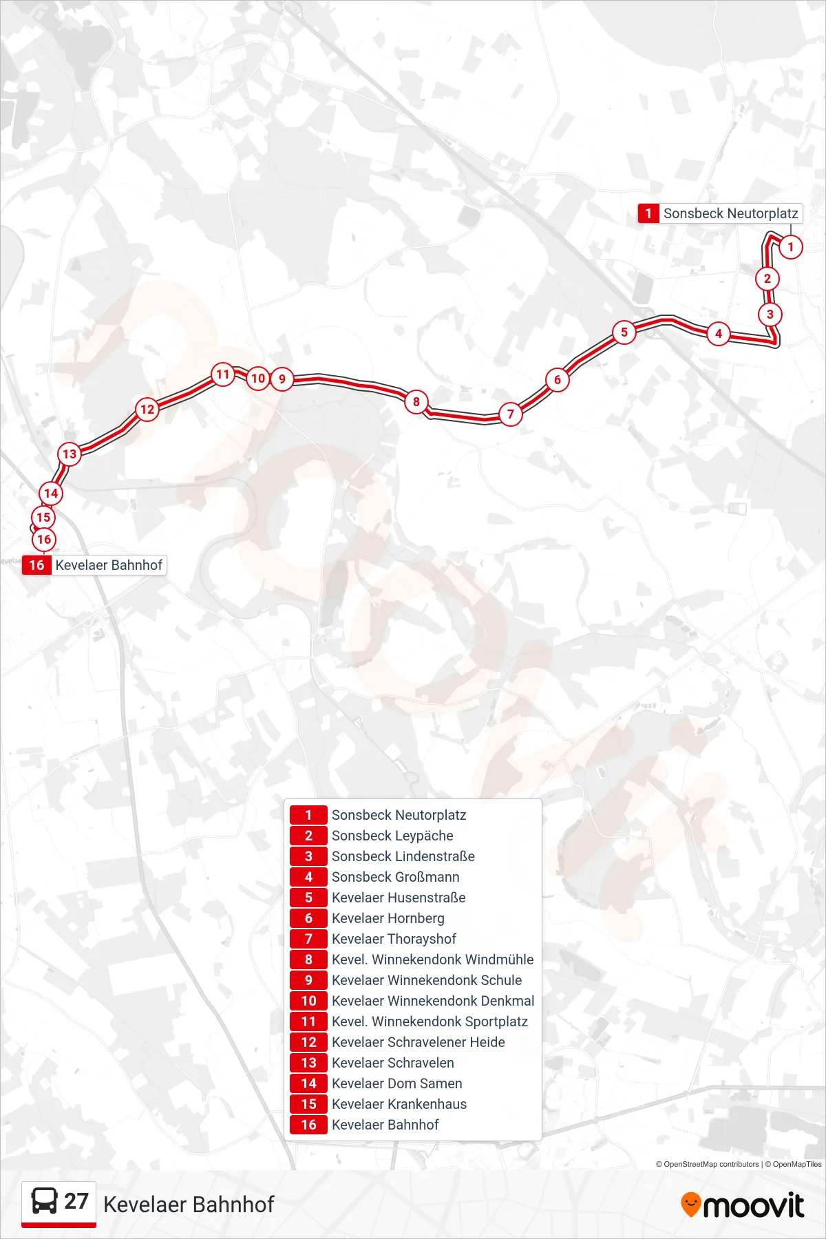 Linie 27 (Bus) Richtung Kevelaer Bahnhof: Route und Haltestellen auf der Karte