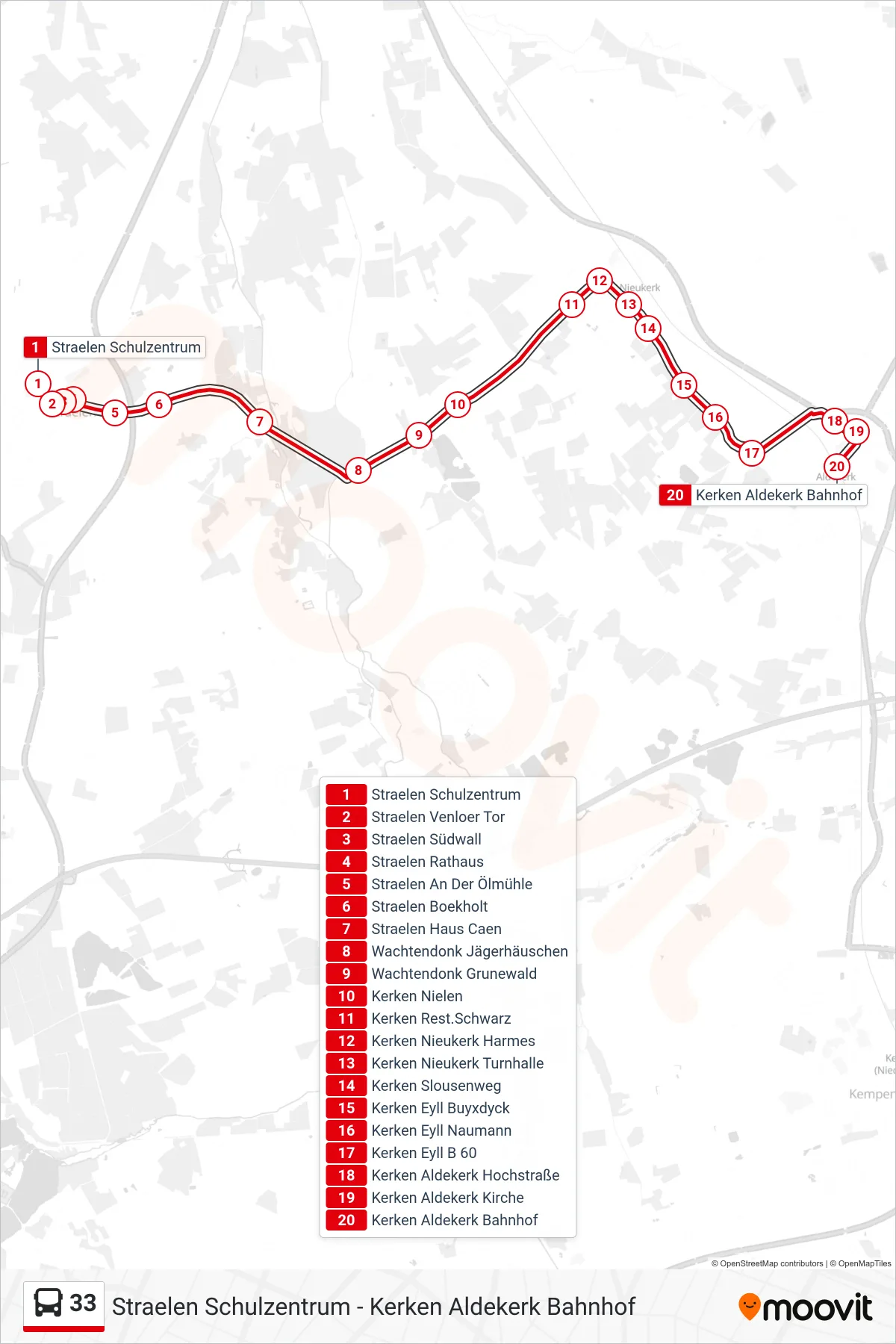 Linie 33 (Bus) Richtung Kerken Aldekerk Bahnhof: Route und Haltestellen auf der Karte