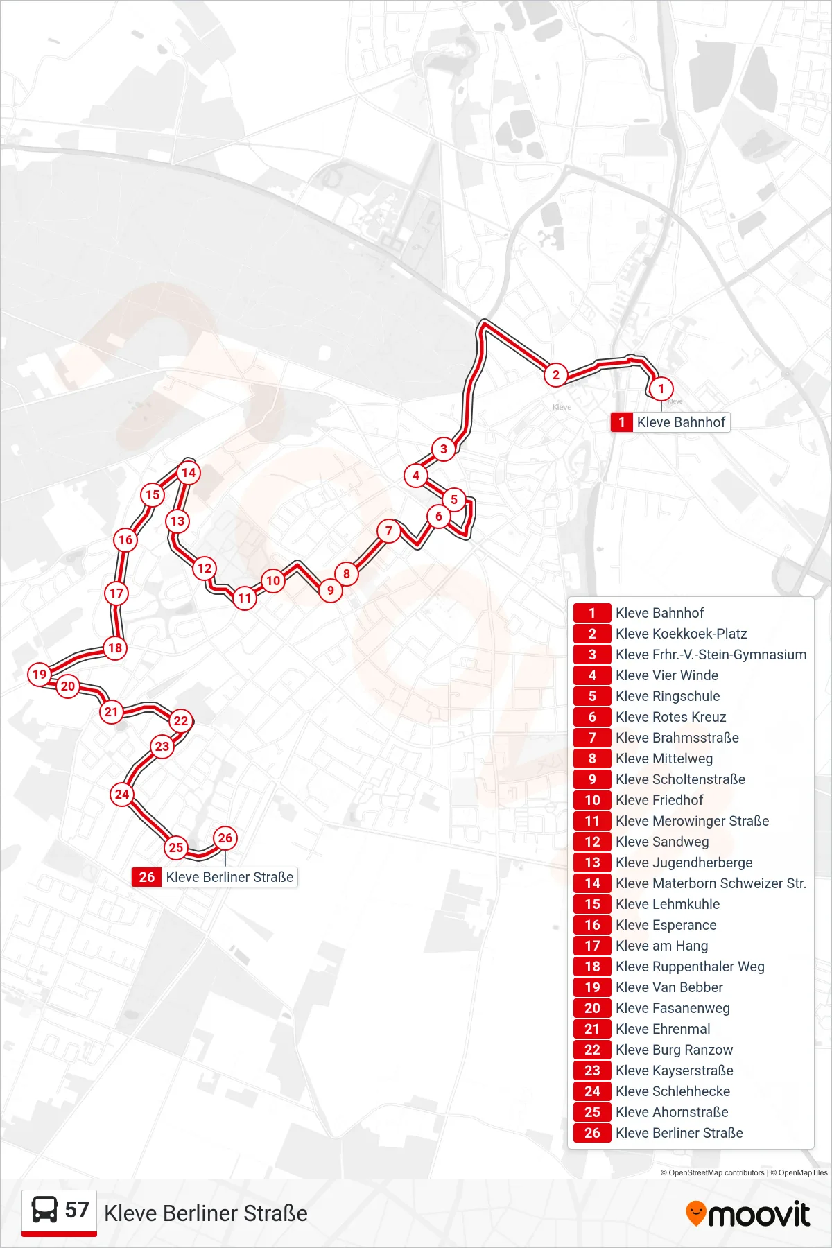Linie 57 (Bus) Richtung Kleve Berliner Straße: Route und Haltestellen auf der Karte