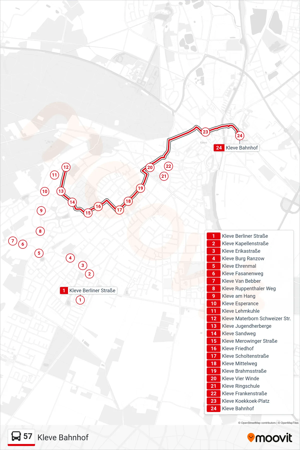 Linie 57 (Bus) Richtung Kleve Bahnhof: Route und Haltestellen auf der Karte