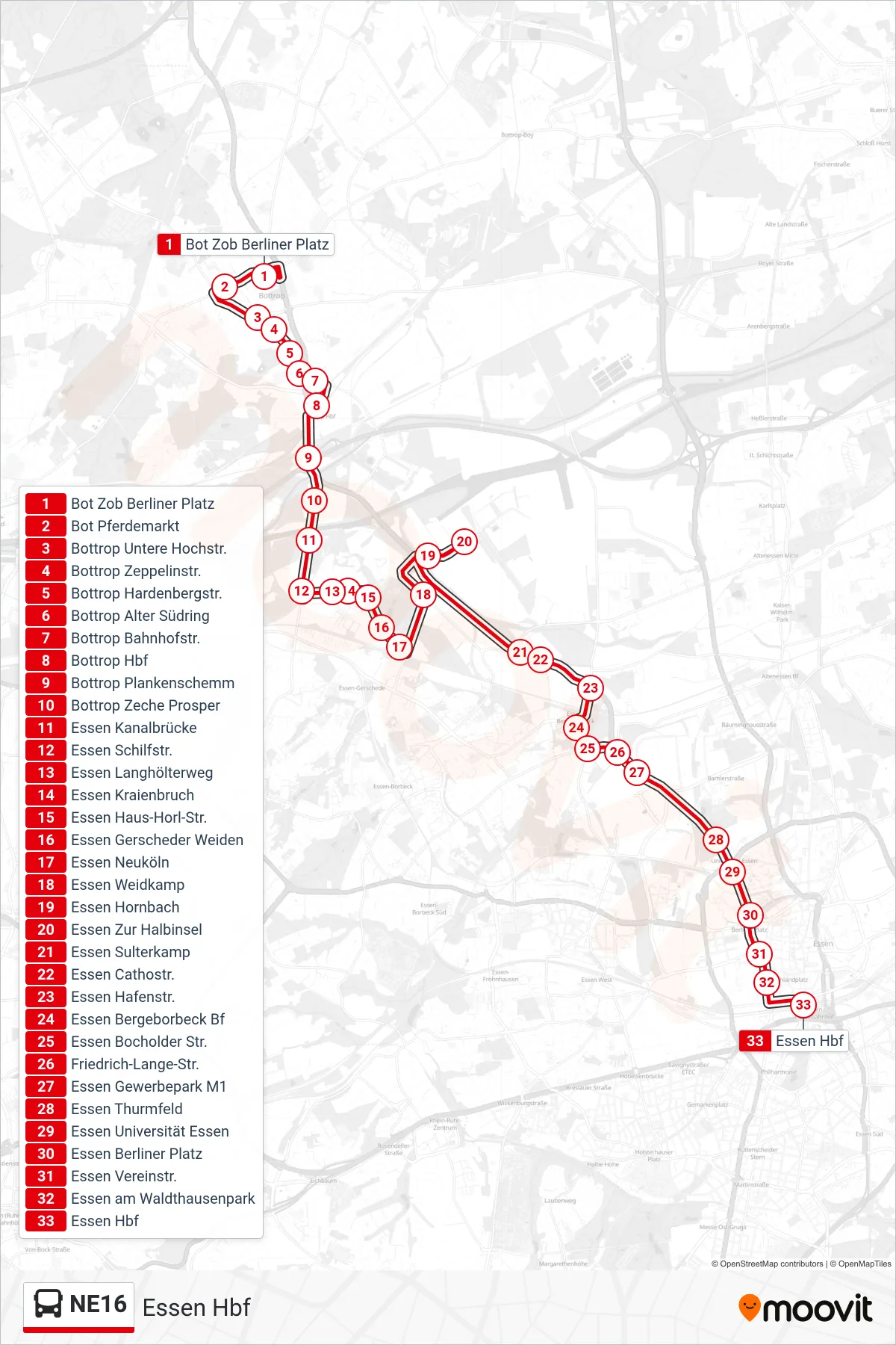 Linie NE16 (Bus) Richtung Essen Hbf: Route und Haltestellen auf der Karte