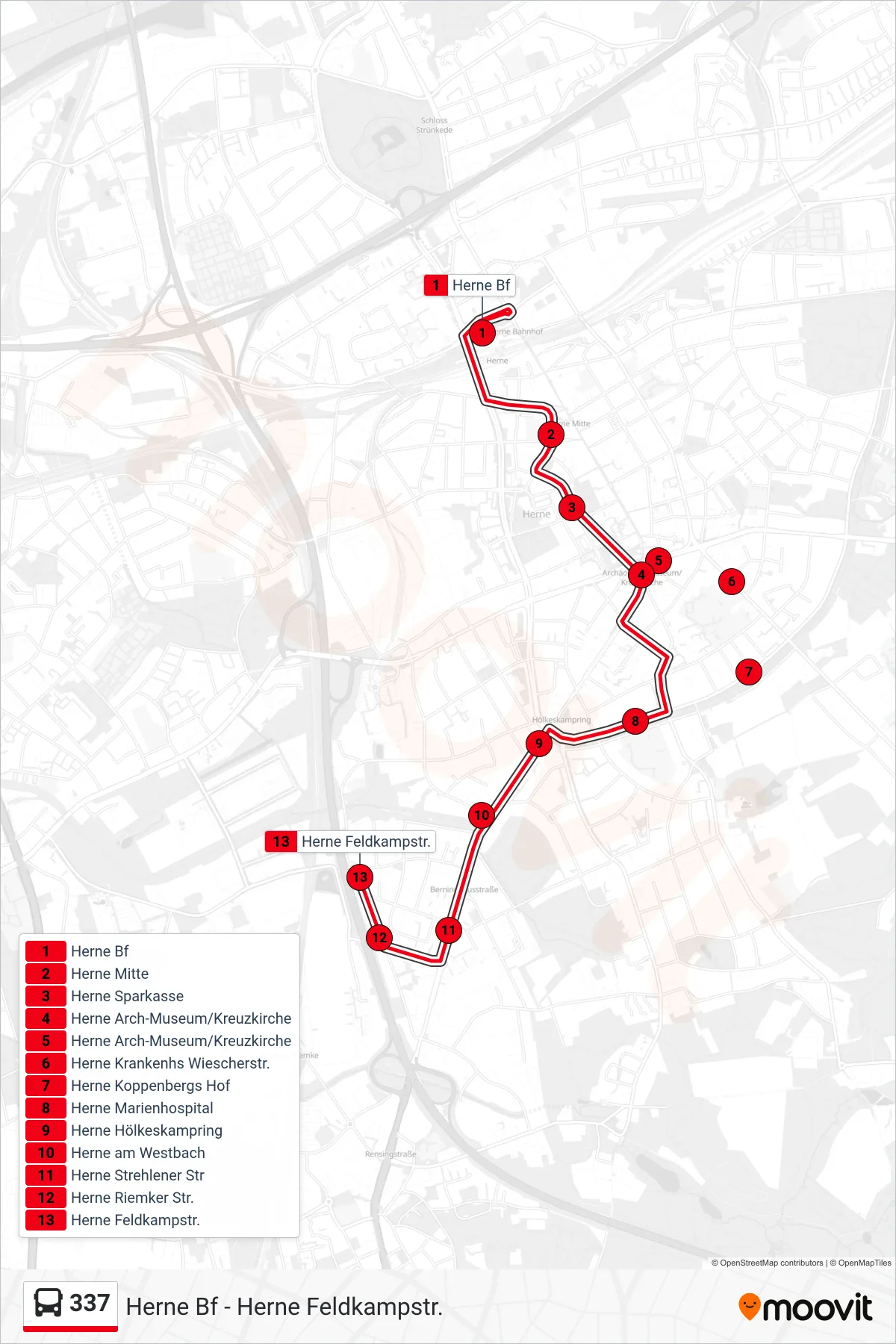 Linie 337 (Bus) Richtung Herne Feldkampstr.: Route und Haltestellen auf der Karte
