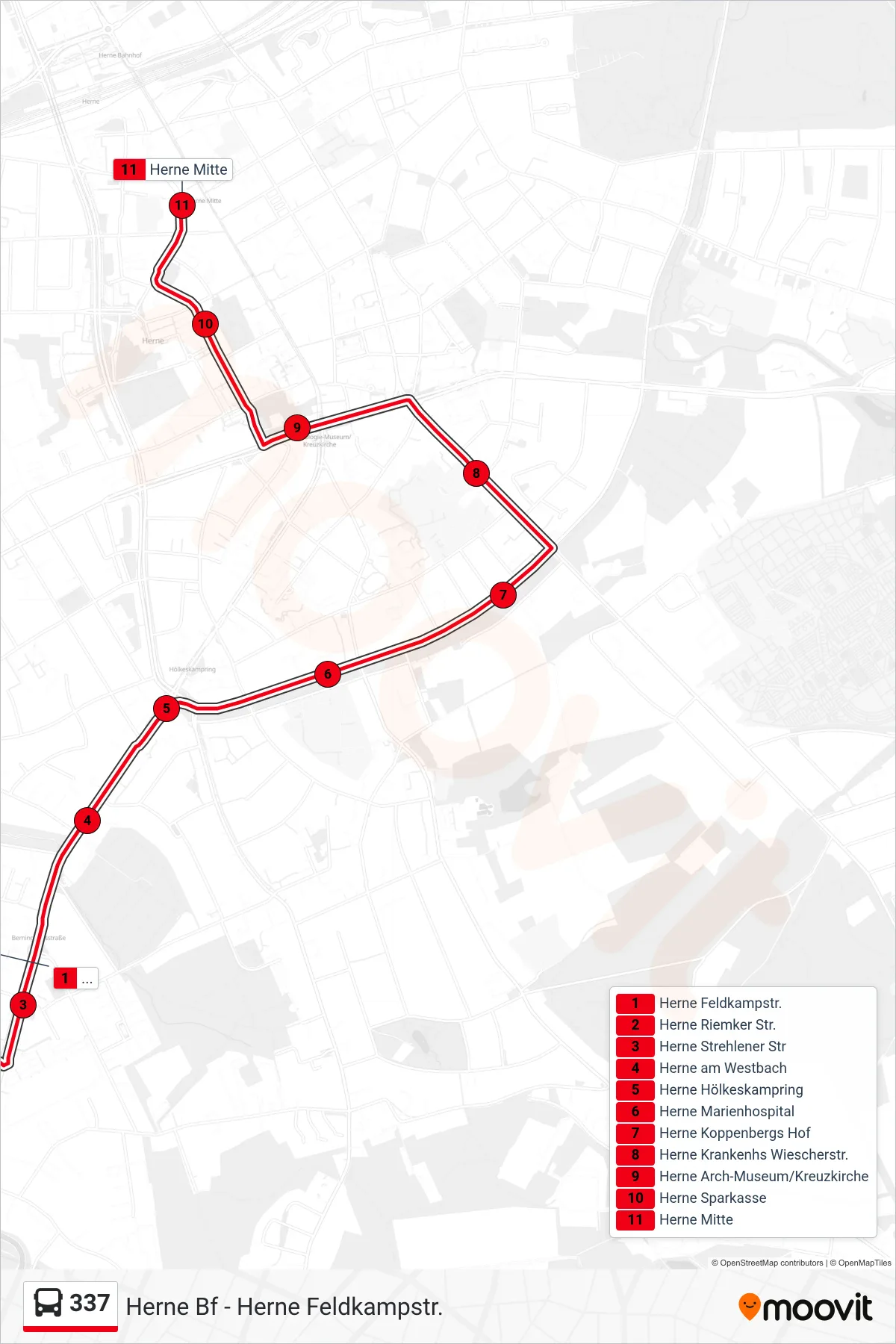 Linie 337 (Bus) Richtung Herne Mitte: Route und Haltestellen auf der Karte