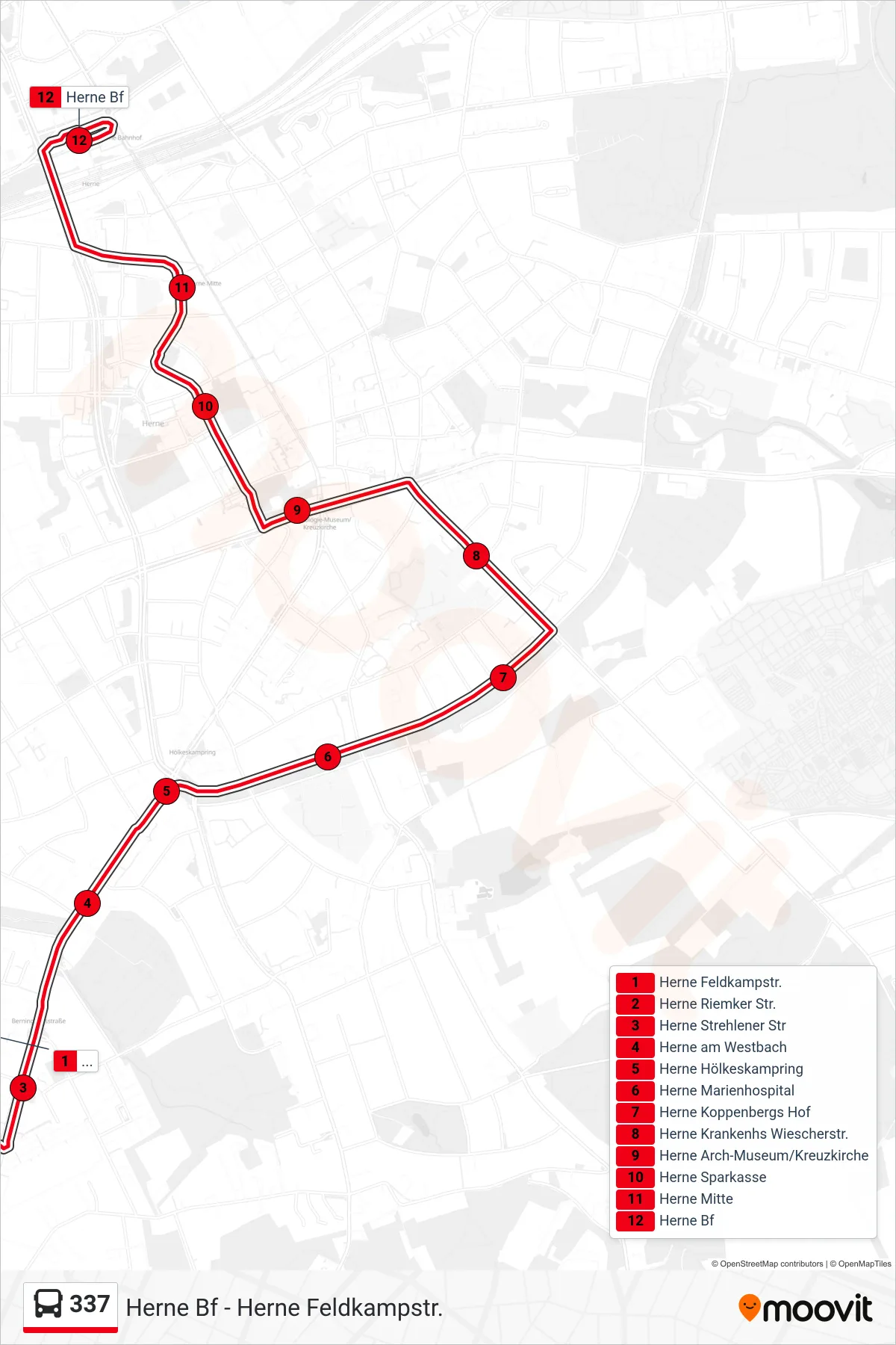 Linie 337 (Bus) Richtung Herne Bf: Route und Haltestellen auf der Karte