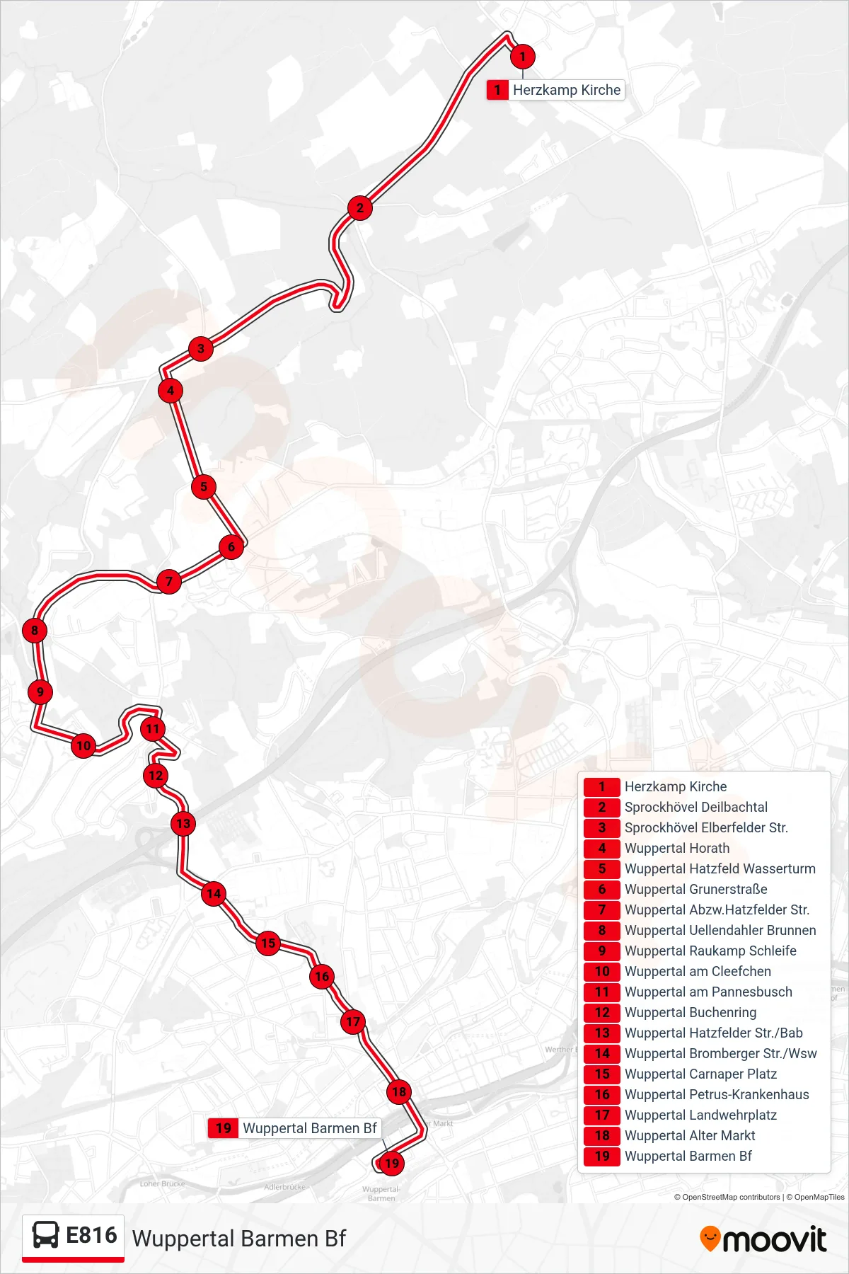 Linie E816 (Bus) Richtung Wuppertal Barmen Bf: Route und Haltestellen auf der Karte
