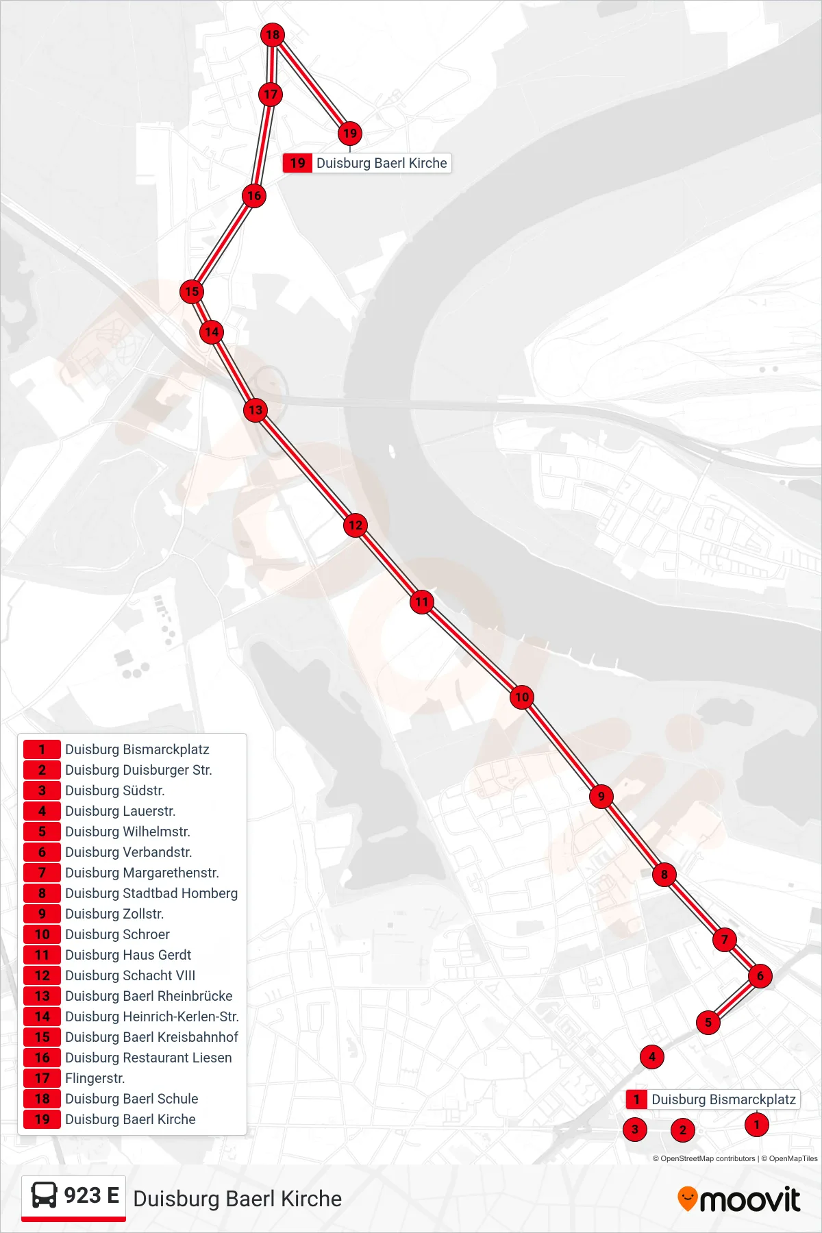Linie 923 E (Bus) Richtung Duisburg Baerl Kirche: Route und Haltestellen auf der Karte