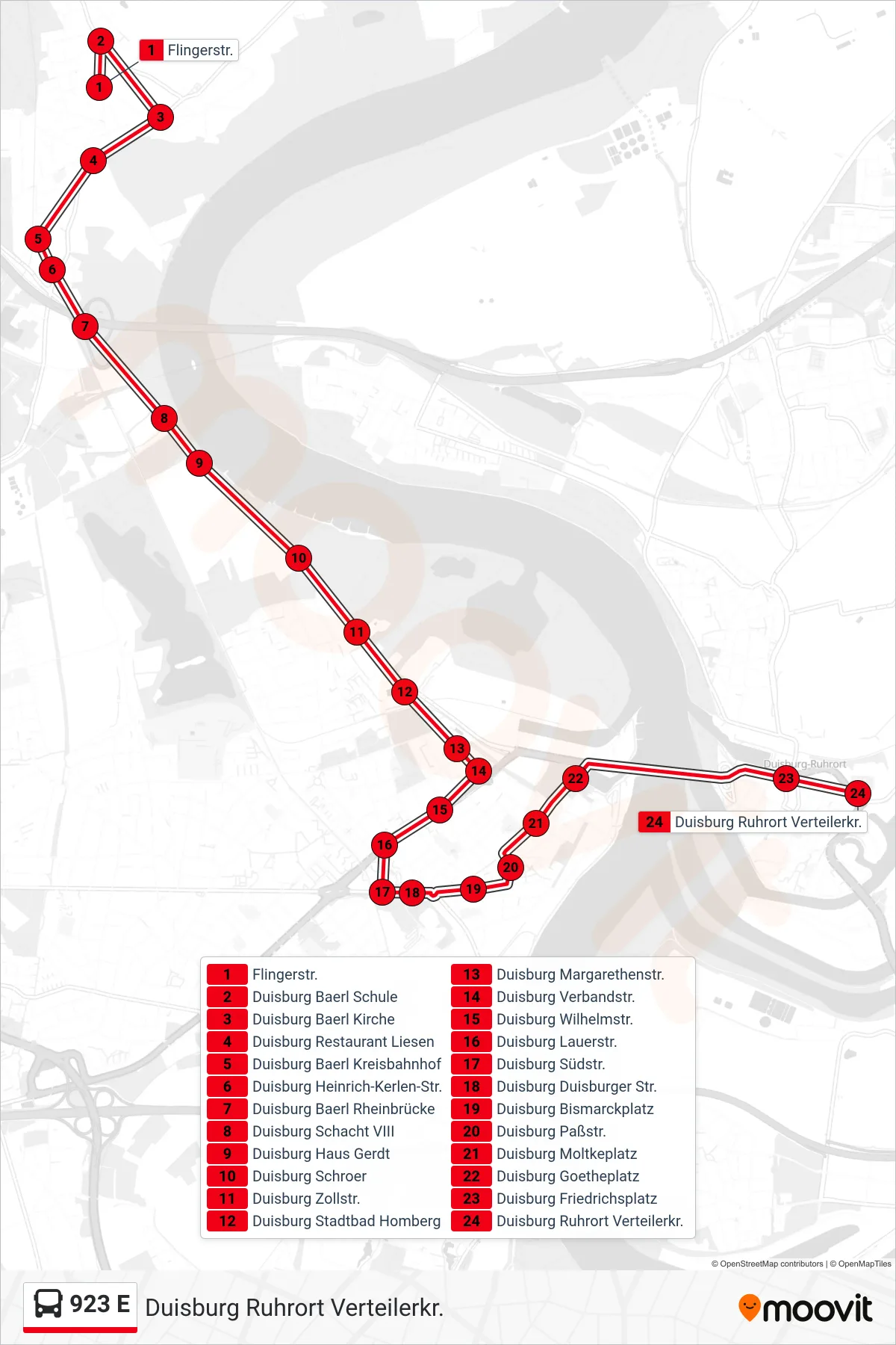 Linie 923 E (Bus) Richtung Duisburg Ruhrort Verteilerkr.: Route und Haltestellen auf der Karte