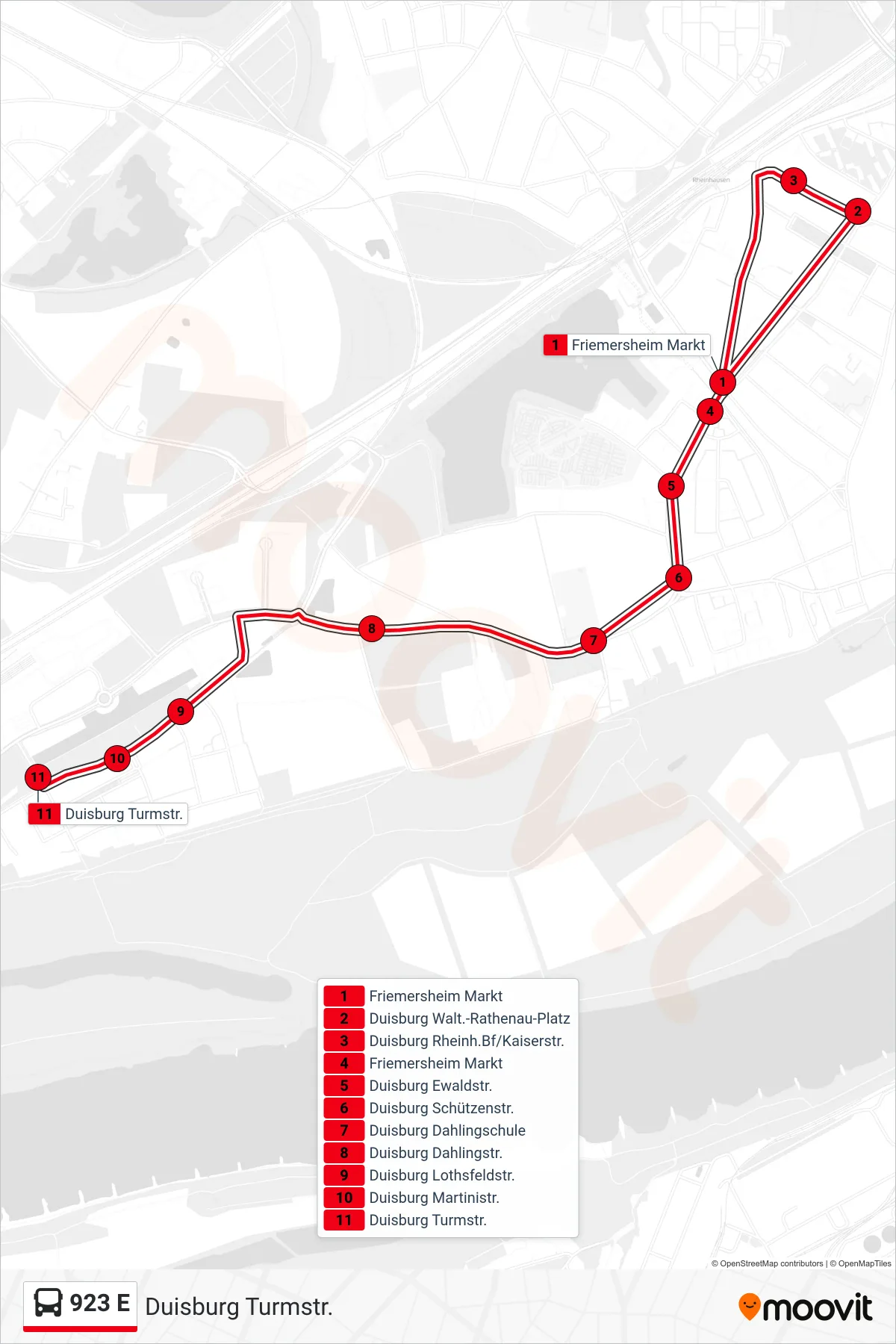 Linie 923 E (Bus) Richtung Duisburg Turmstr.: Route und Haltestellen auf der Karte