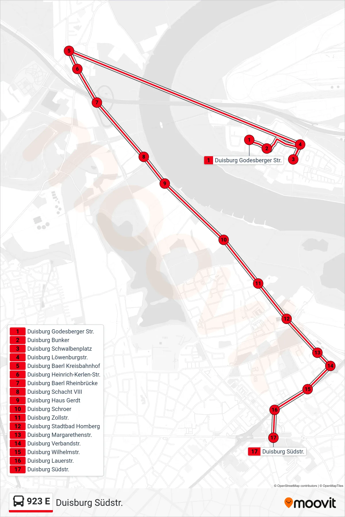 923 E bus Line (Duisburg Südstr.) route and stops on a map