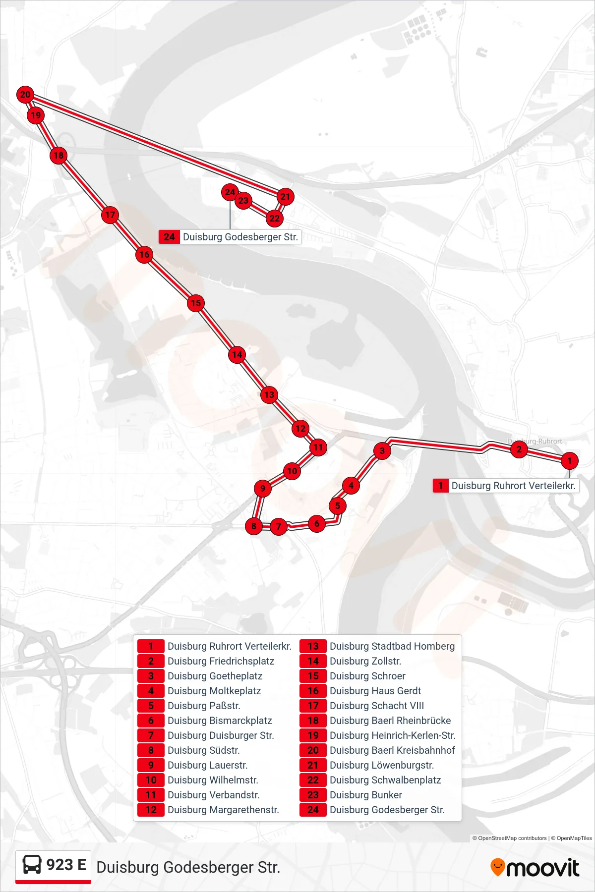 Linie 923 E (Bus) Richtung Duisburg Godesberger Str.: Route und Haltestellen auf der Karte