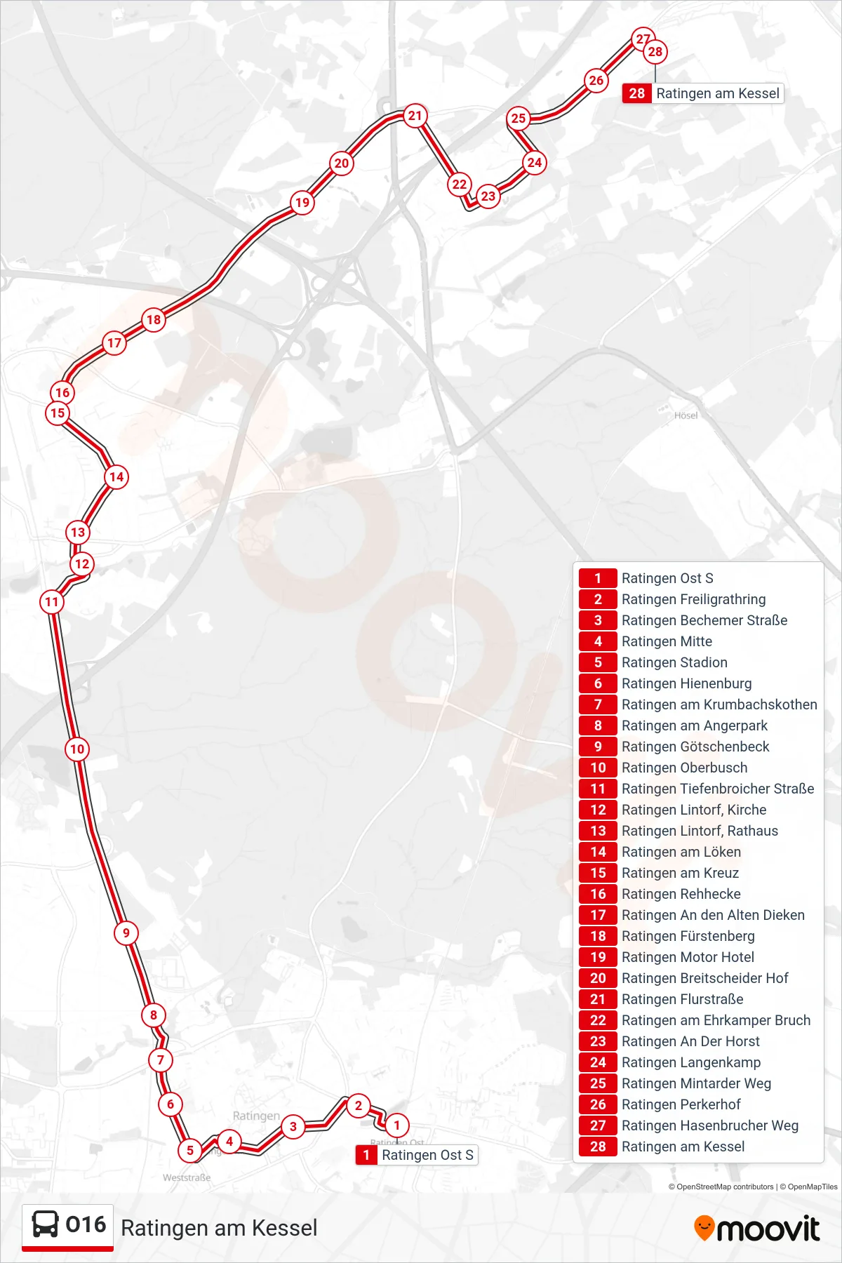 Linie O16 (Bus) Richtung Ratingen am Kessel: Route und Haltestellen auf der Karte