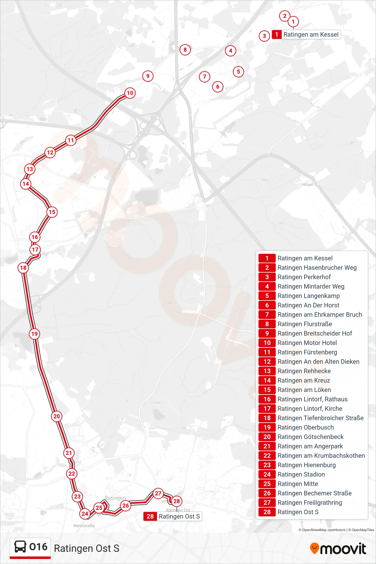 Linie O16 (Bus) Richtung Ratingen Ost S: Route und Haltestellen auf der Karte