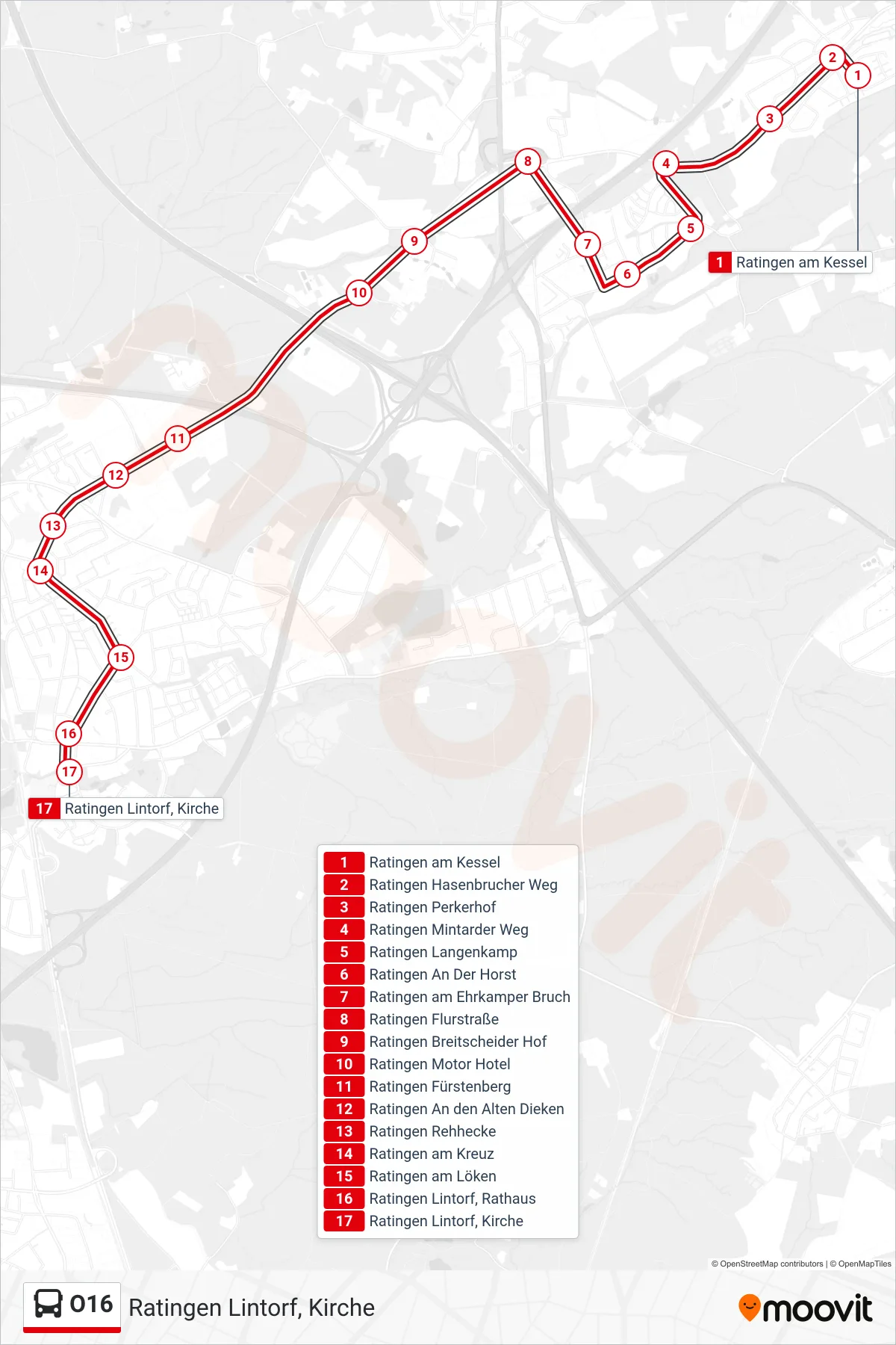 Linie O16 (Bus) Richtung Ratingen Lintorf, Kirche: Route und Haltestellen auf der Karte